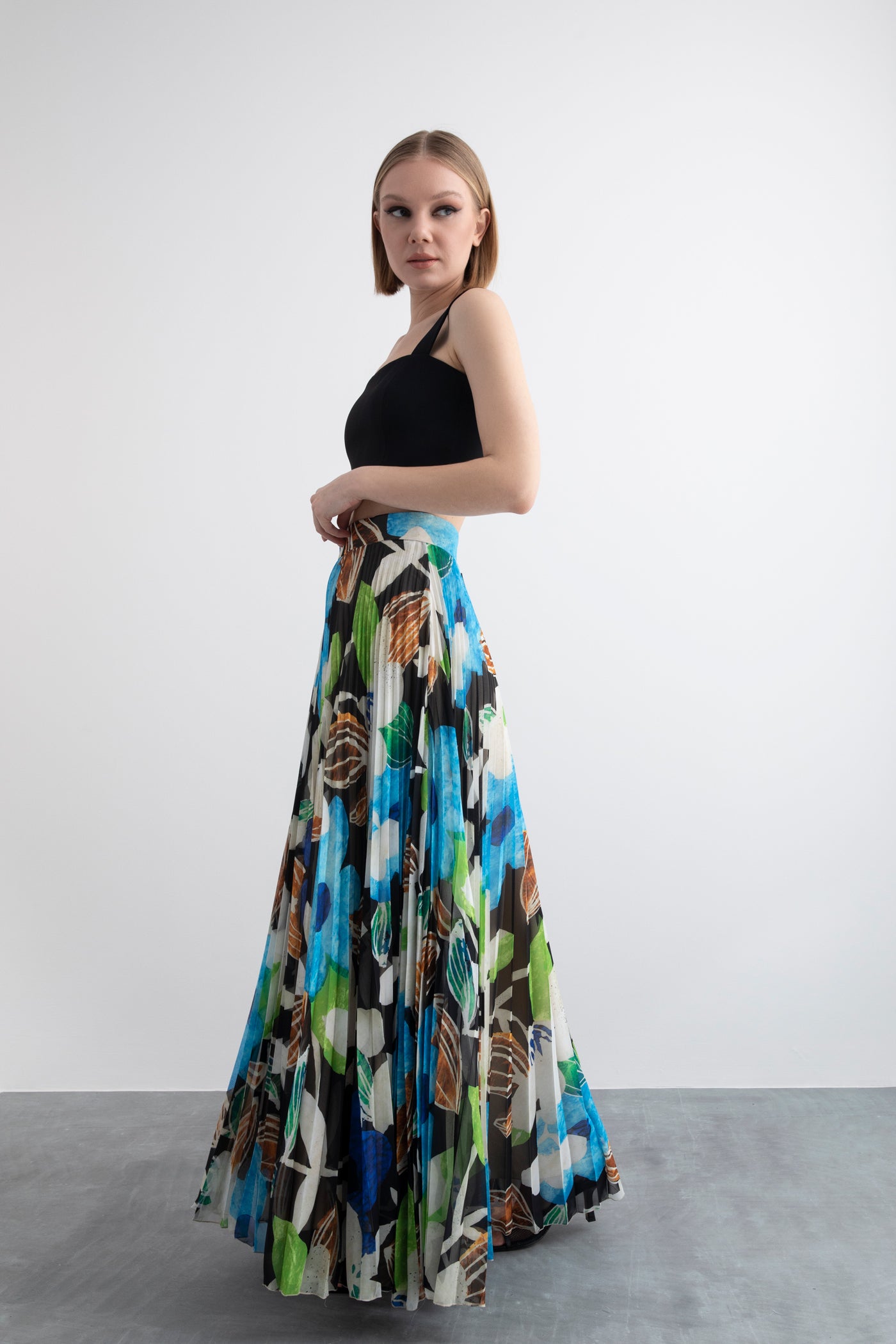 Piliseli Desenli Şifon Maxi Boy Etek