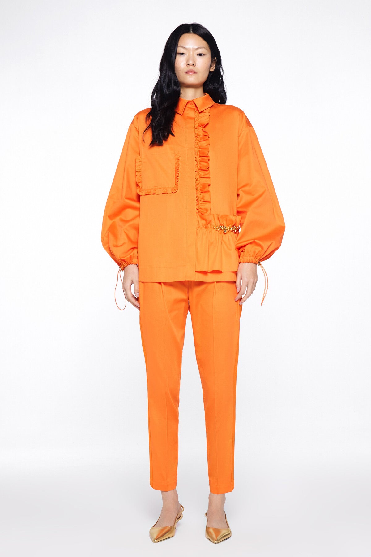 Fırfır Detaylı Kol Ucu Ayarlanabilir İşlemeli Turuncu Gömlek