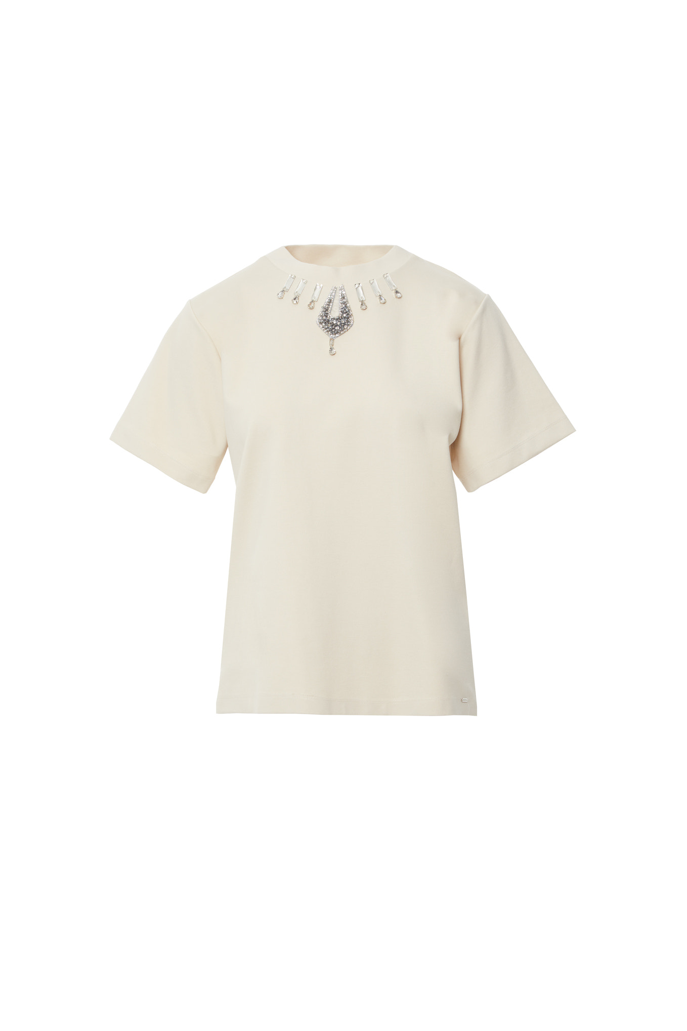 Yakası İşleme Detaylı Kısa Kollu Basic Fildişi T-shirt