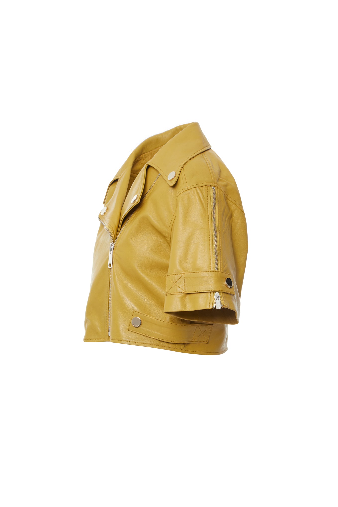 Kol Fermuar Detaylı Sarı Renk Deri Ceket