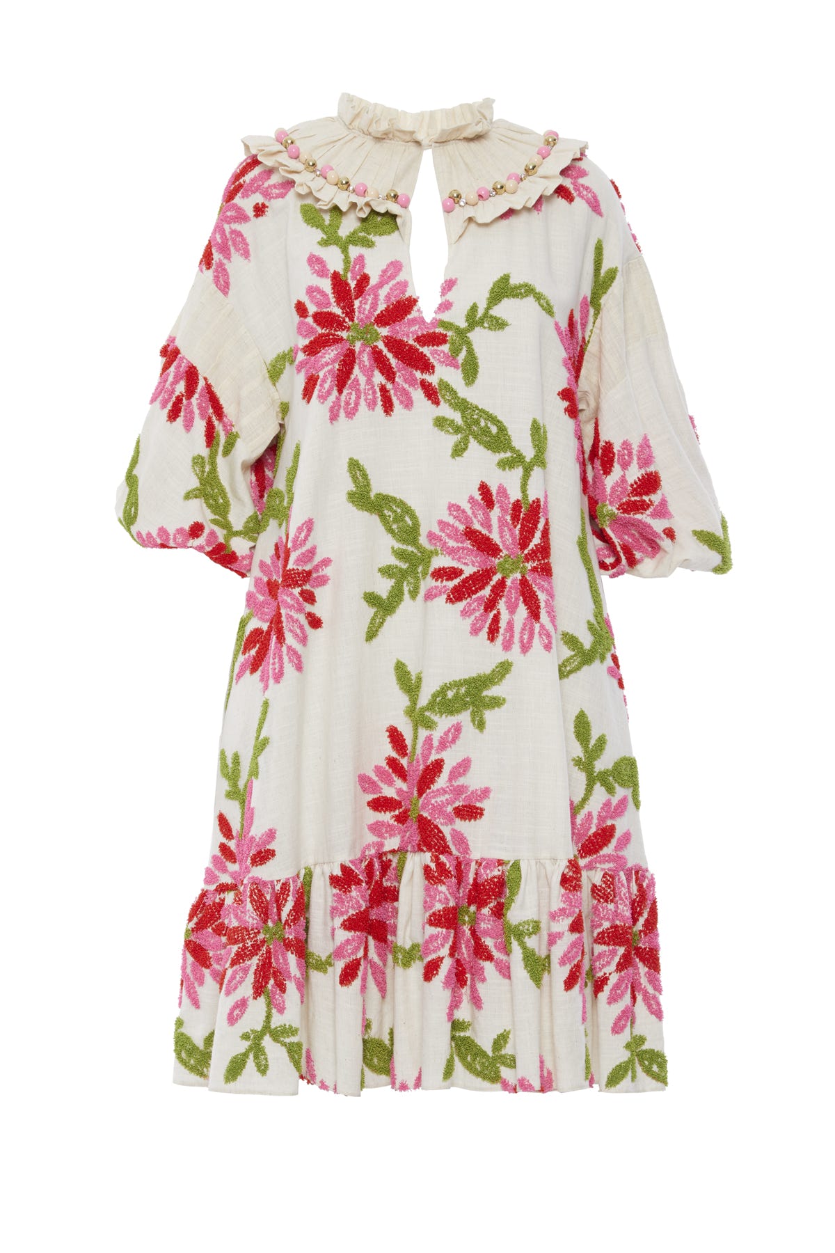 İşleme Yaka Detaylı Çiçek Desenli Midi Elbise