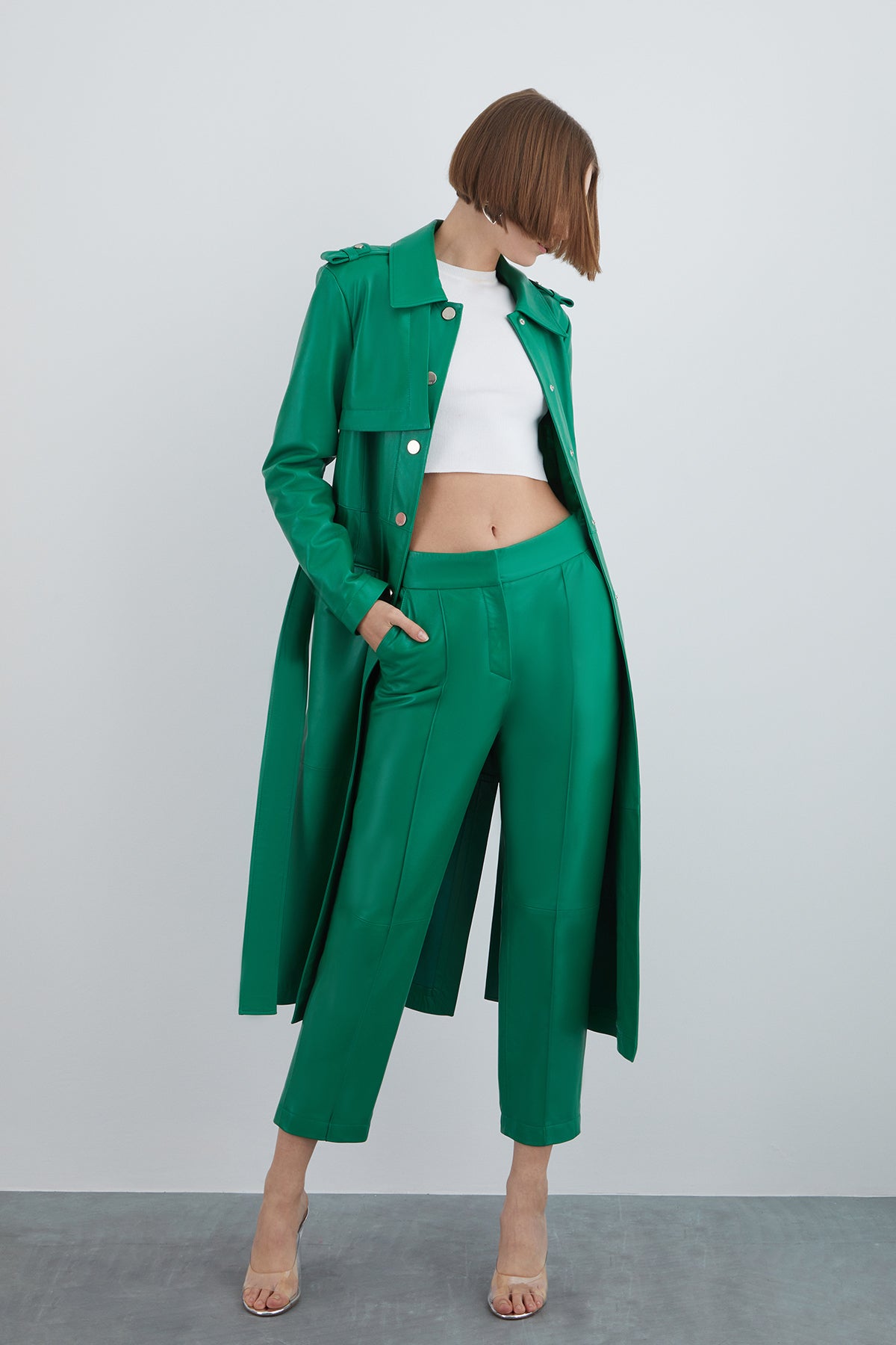 Çıtçıt Detaylı Seyyar Kuşaklı Deri Trenchcoat