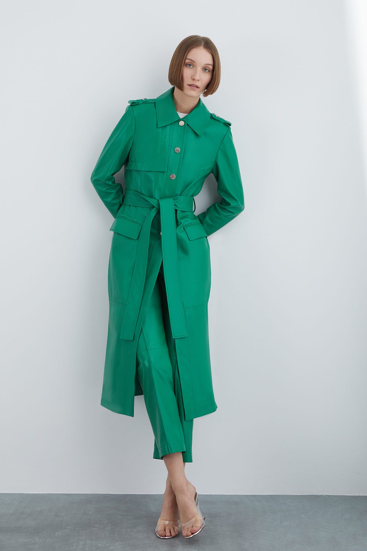 Çıtçıt Detaylı Seyyar Kuşaklı Deri Trenchcoat