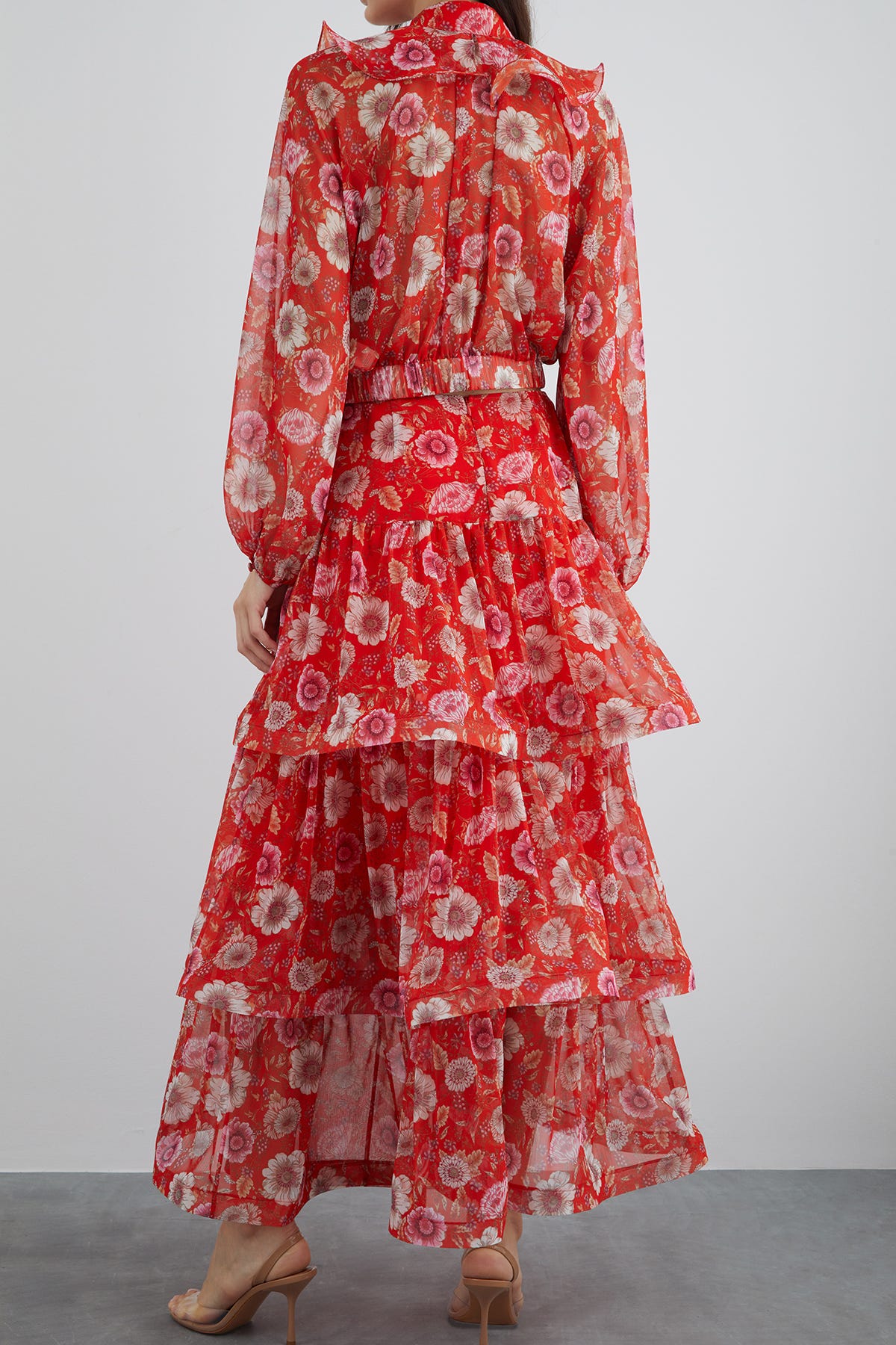 Büzgülü Volanlı Çiçekli Şifon Etek