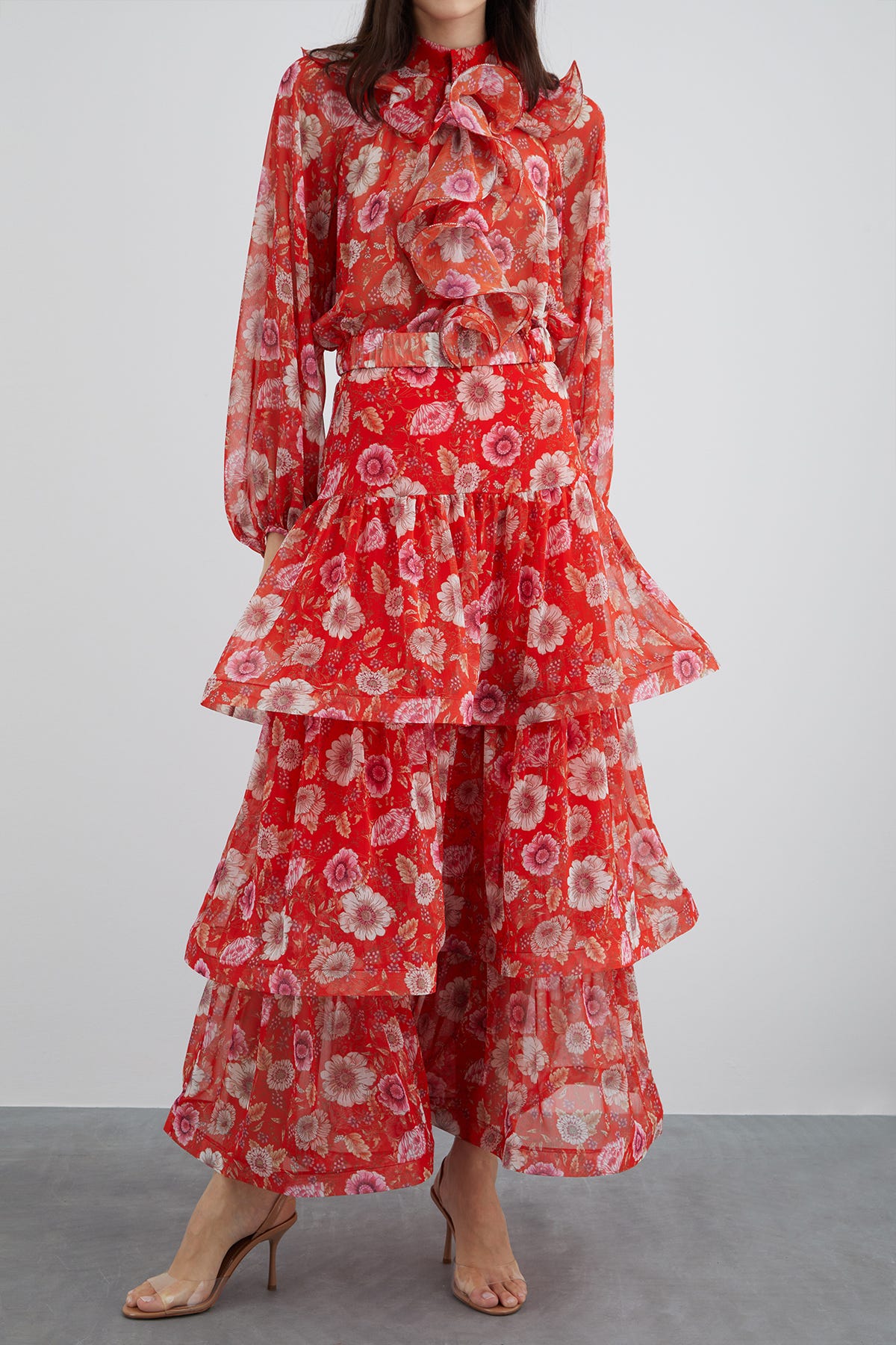 Büzgülü Volanlı Çiçekli Şifon Etek