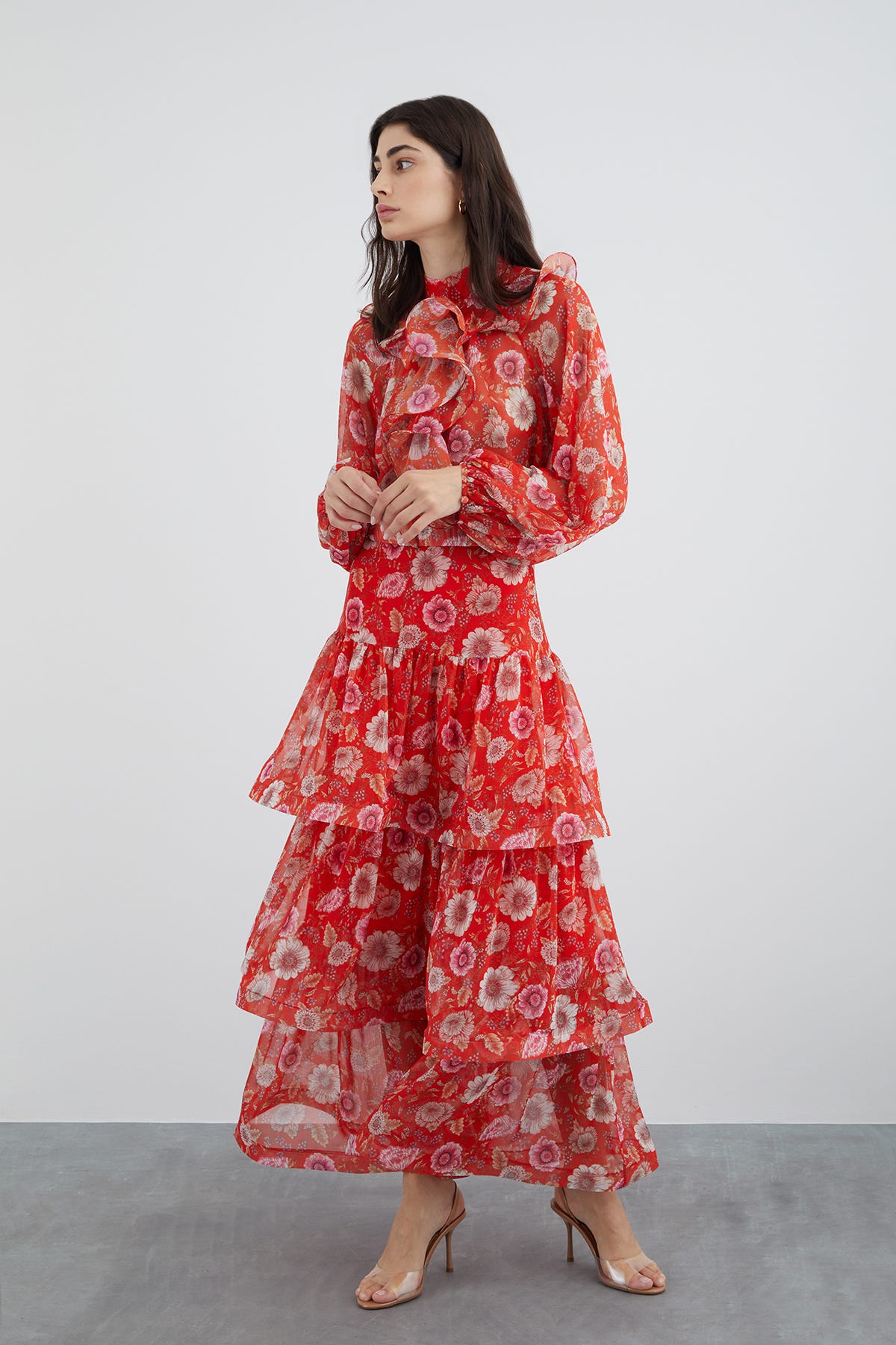 Büzgülü Volanlı Çiçekli Şifon Etek