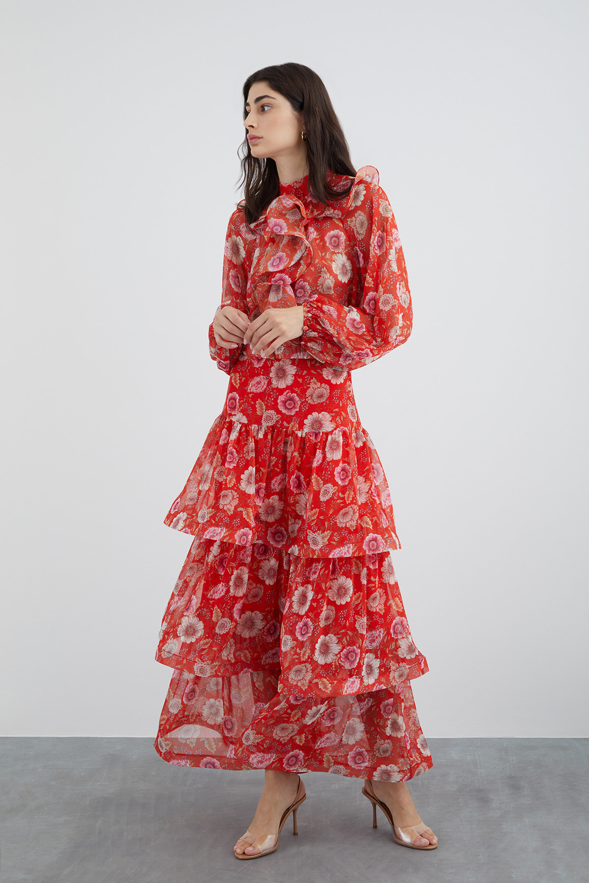 Büzgülü Volanlı Çiçekli Şifon Etek