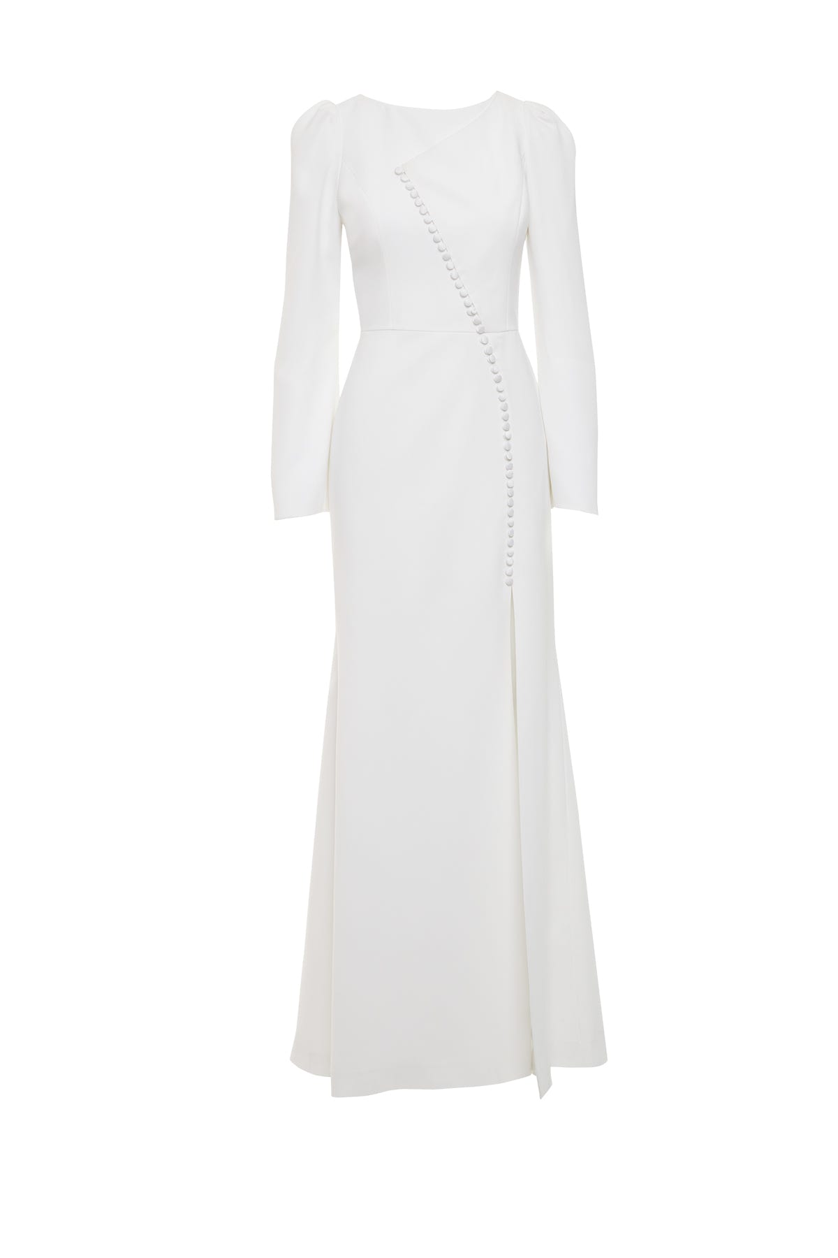 Düğme Detaylı Kol Üstü Büzgülü Yırtmaçlı Balık Form Uzun Elbise