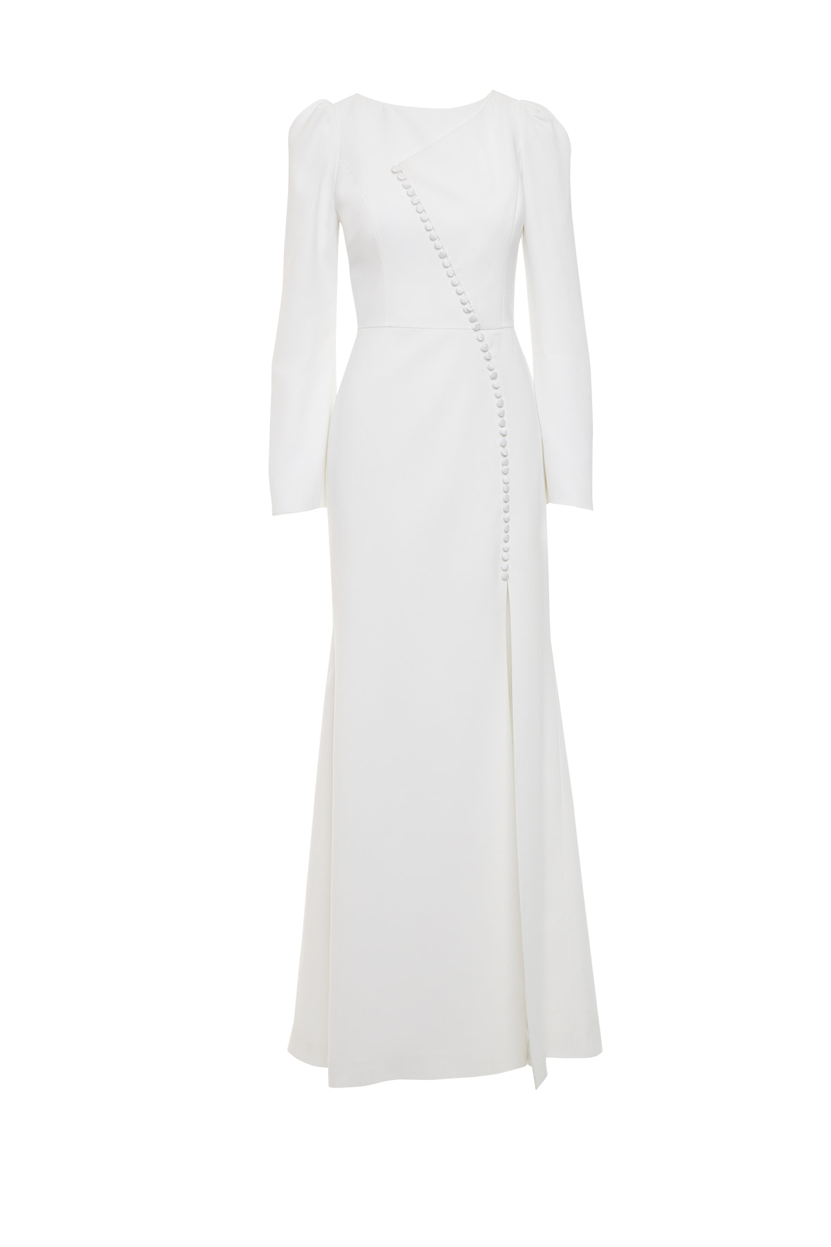 Düğme Detaylı Kol Üstü Büzgülü Yırtmaçlı Balık Form Uzun Elbise