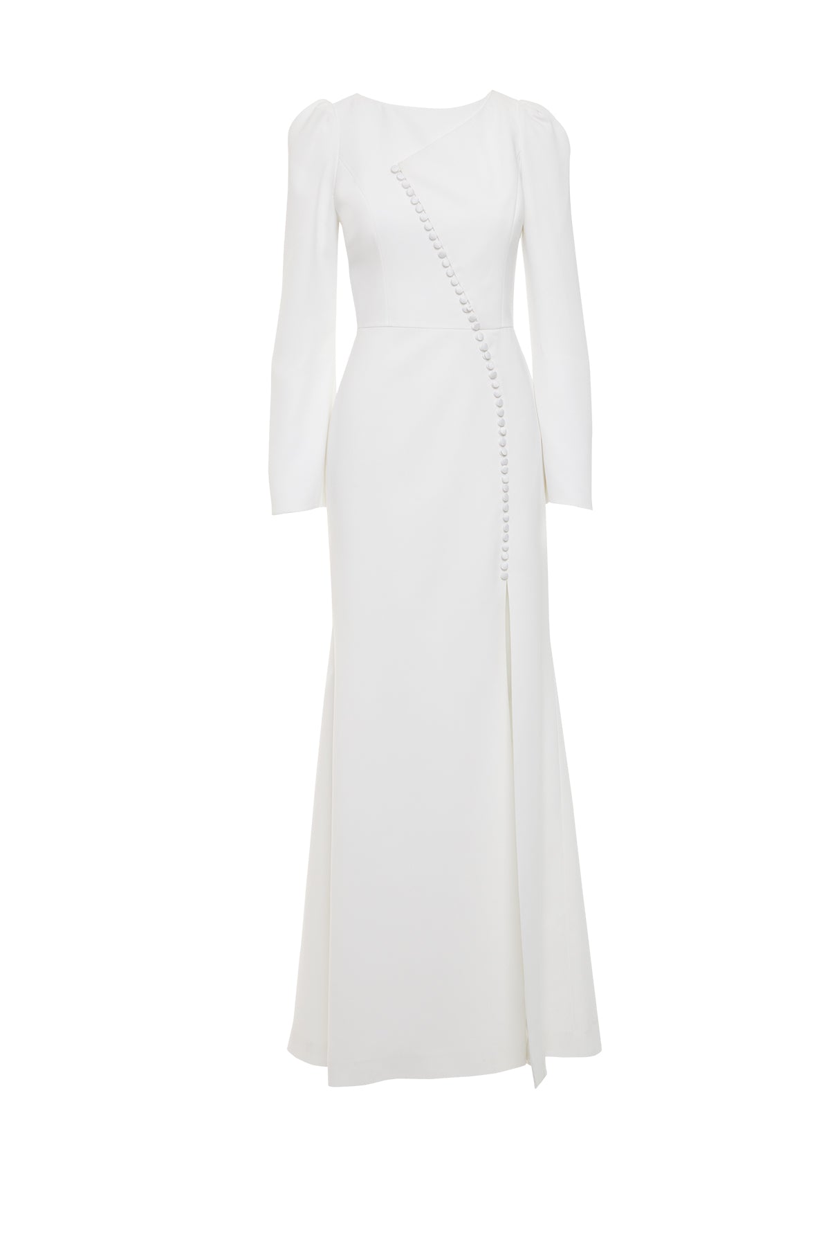 Düğme Detaylı Kol Üstü Büzgülü Yırtmaçlı Balık Form Uzun Elbise