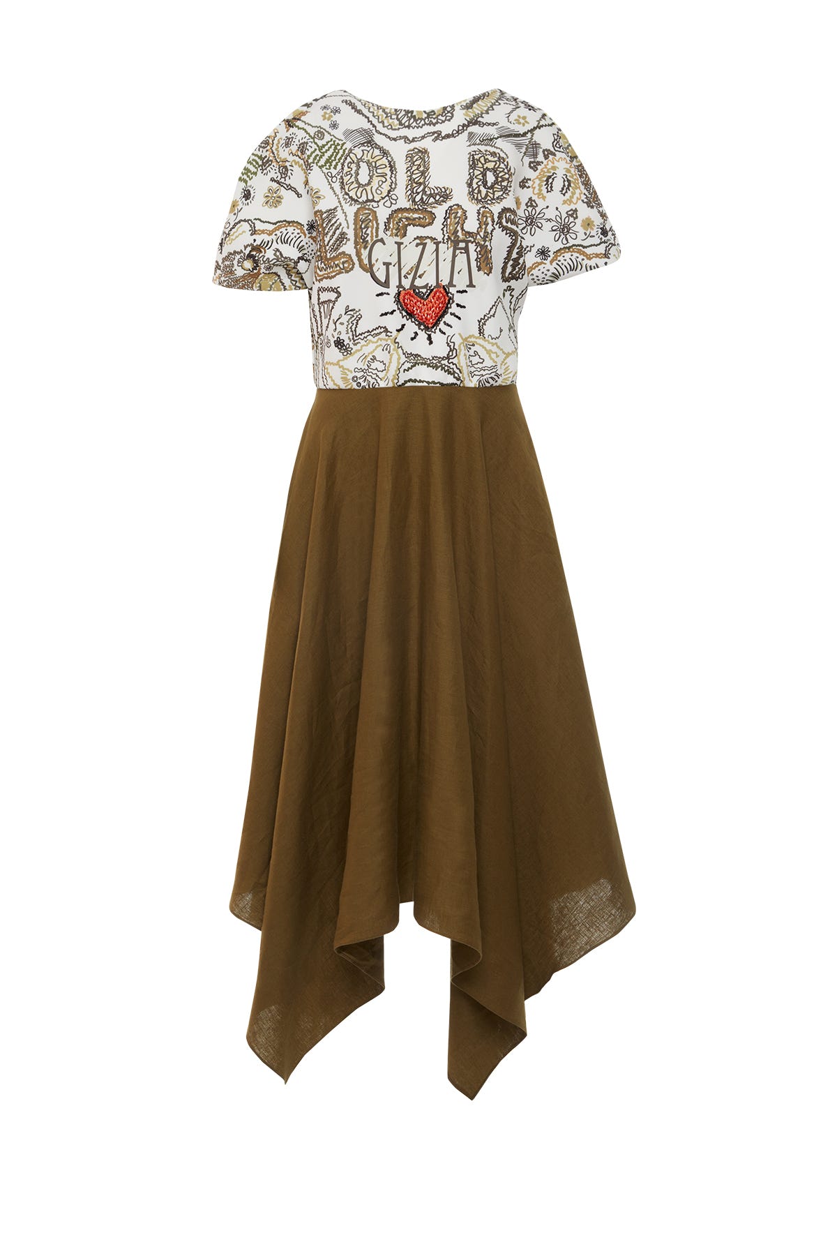 Yuvarlak Yakalı Kısa Kollu İşlemeli Asimetrik Midi Elbise