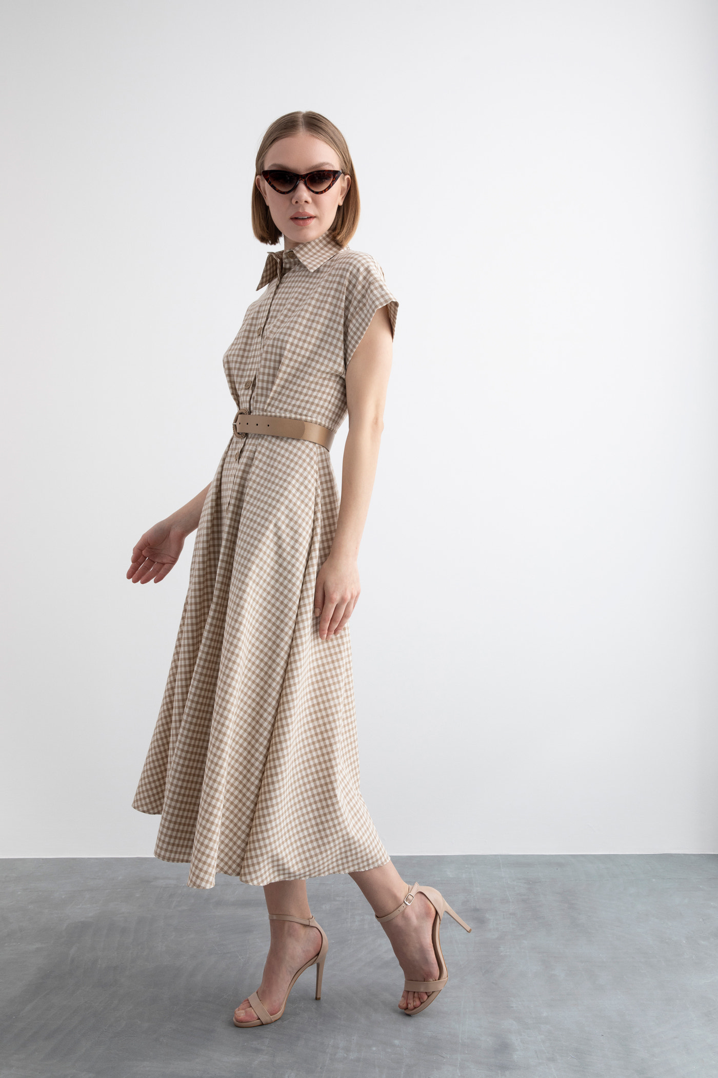 Potikare Maxi Gömlek Yakalı Kısa Kollu Midi Elbise