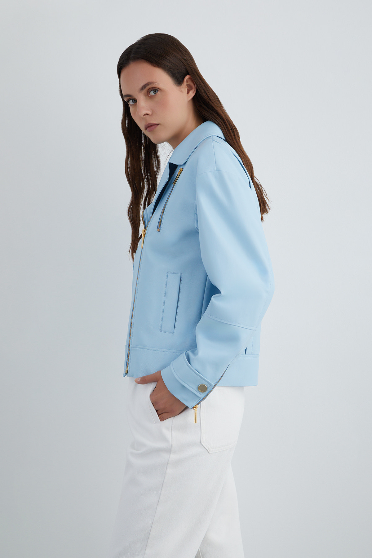 Fermuar Aksesuarlı Deri Ceket