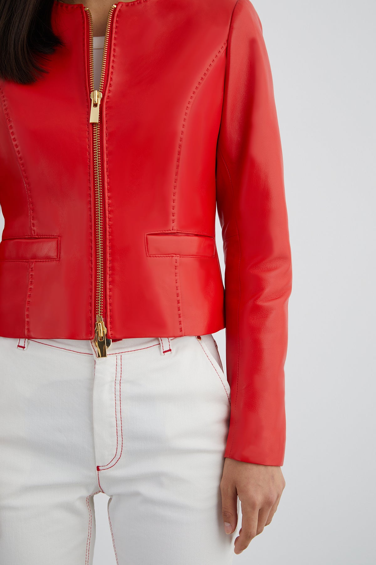 Çift Fermuar Detaylı Arkadan Yırtmaçlı Deri Ceket