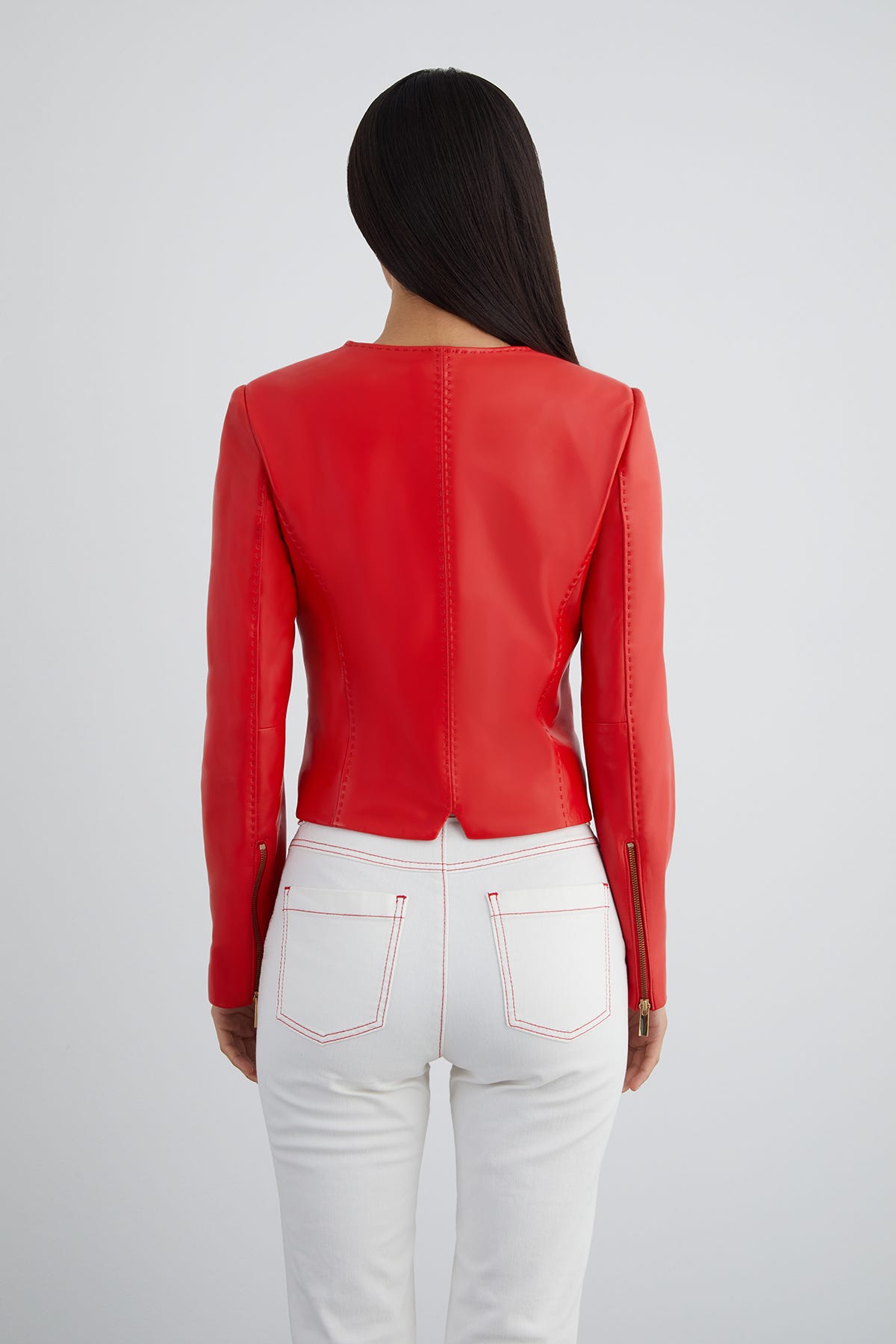 Çift Fermuar Detaylı Arkadan Yırtmaçlı Deri Ceket