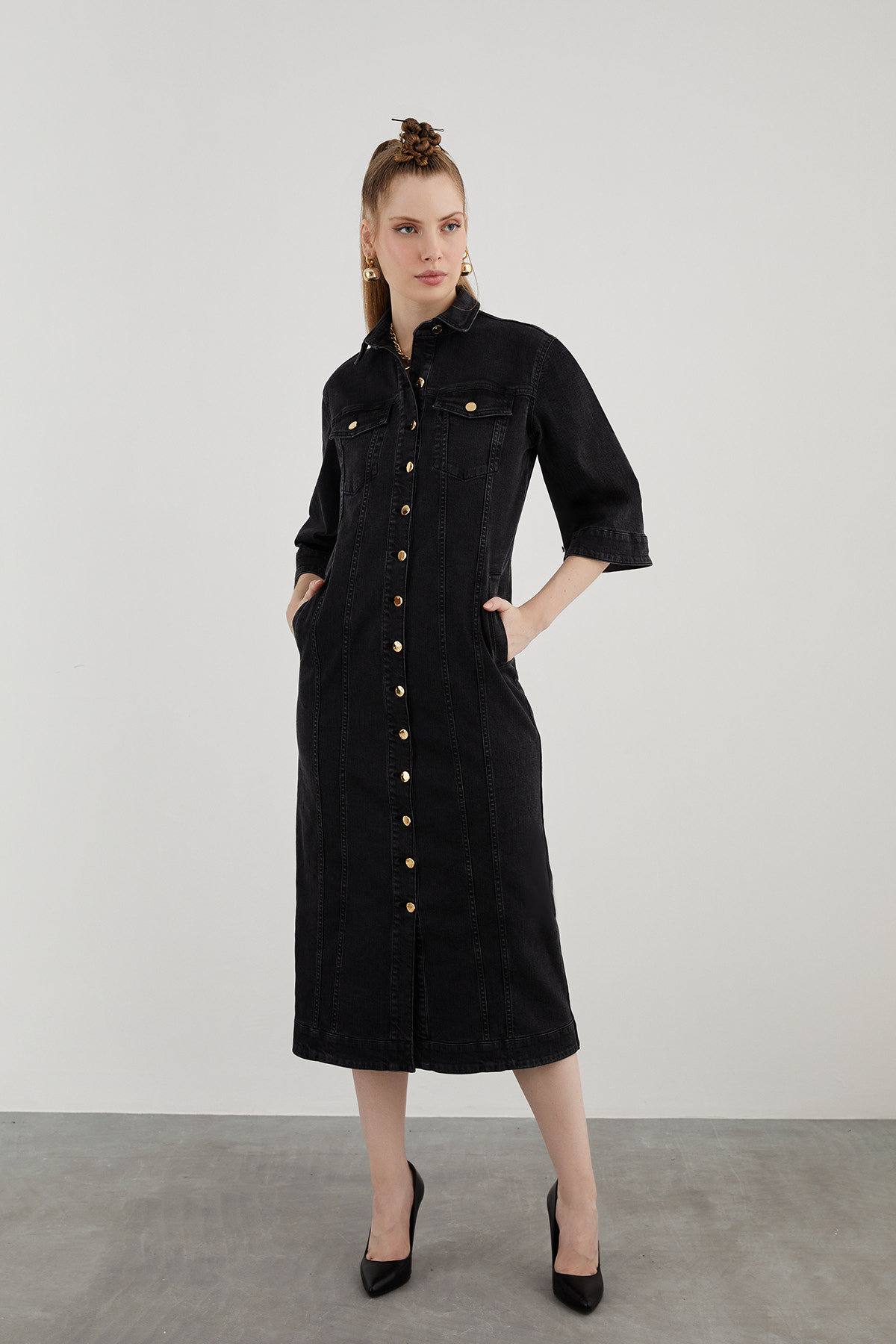 İki Cepli Truvakar Kollu Midi Boy Denim Elbise