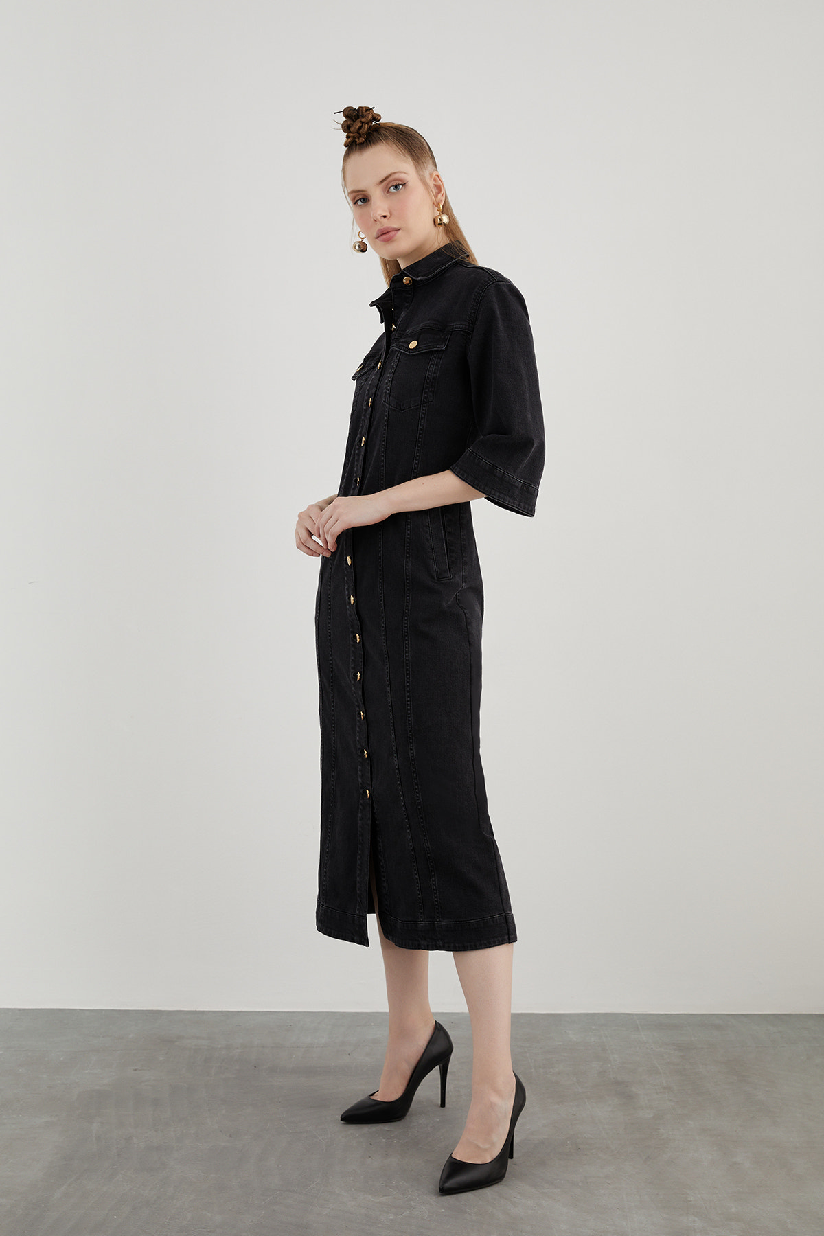 İki Cepli Truvakar Kollu Midi Boy Denim Elbise