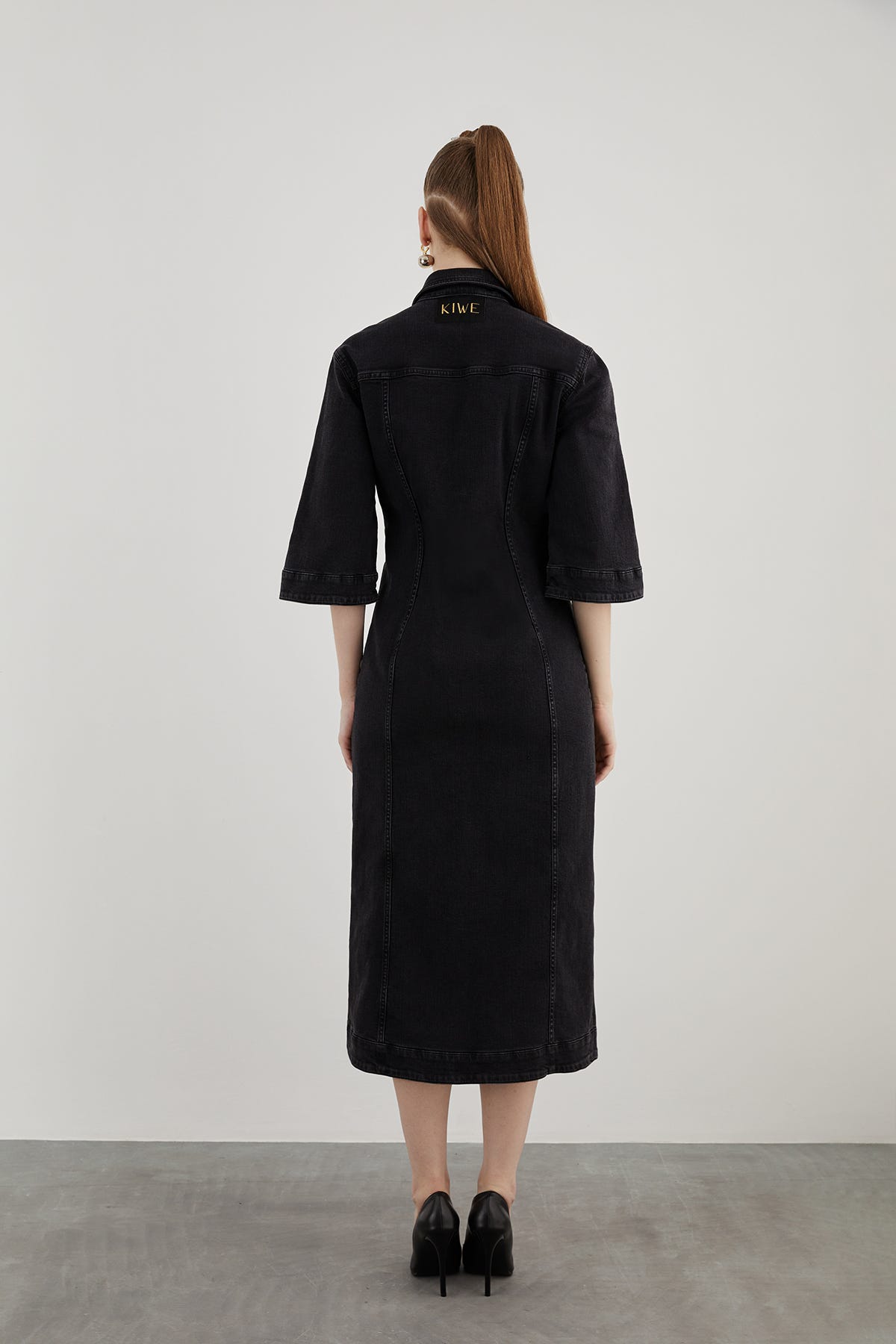 İki Cepli Truvakar Kollu Midi Boy Denim Elbise