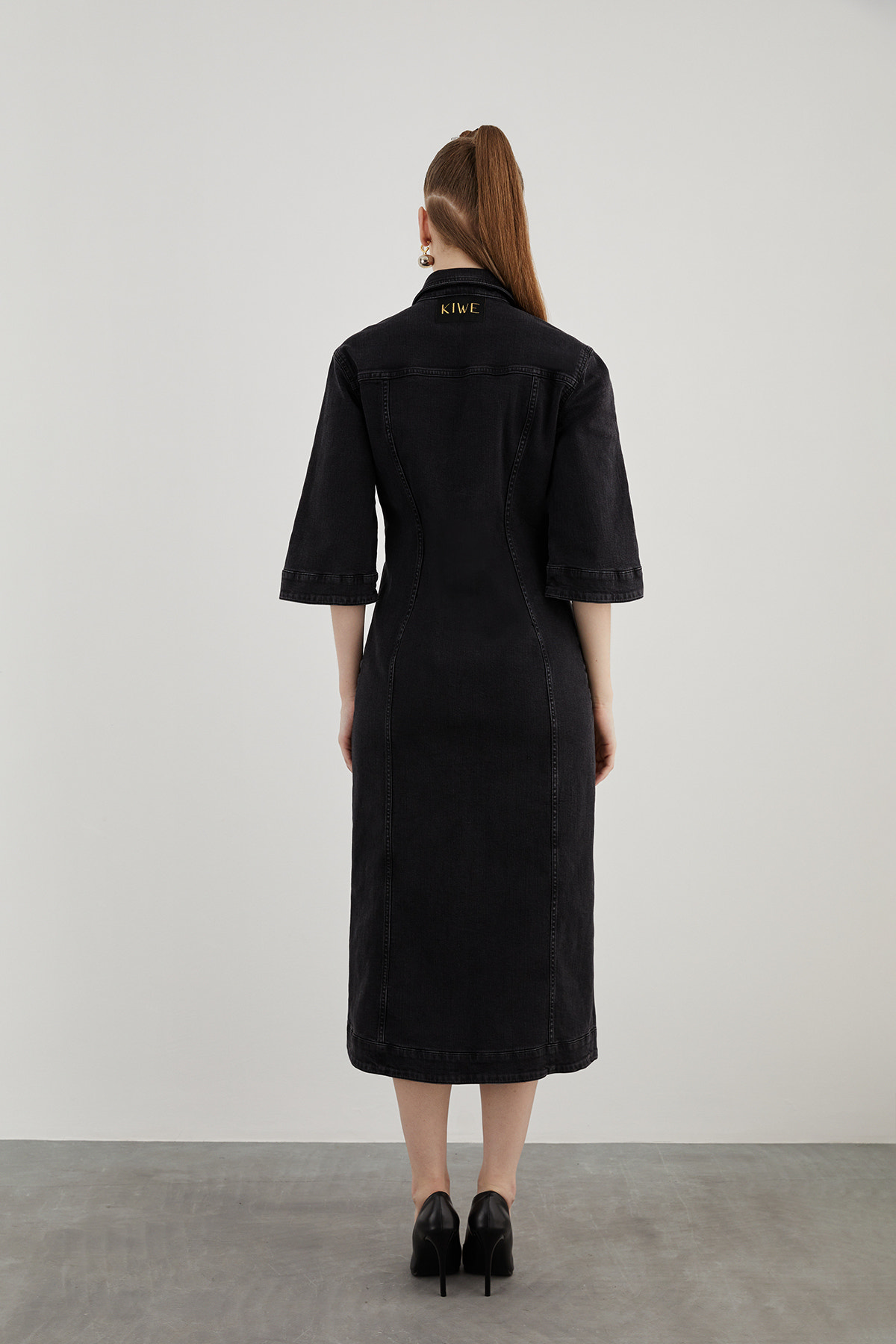 İki Cepli Truvakar Kollu Midi Boy Denim Elbise