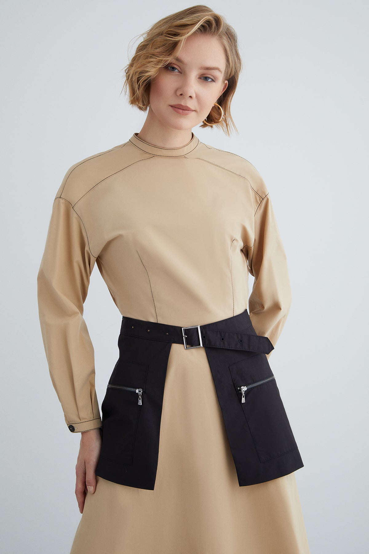 Kontrast Dikişli Kemer Detaylı Midi Elbise