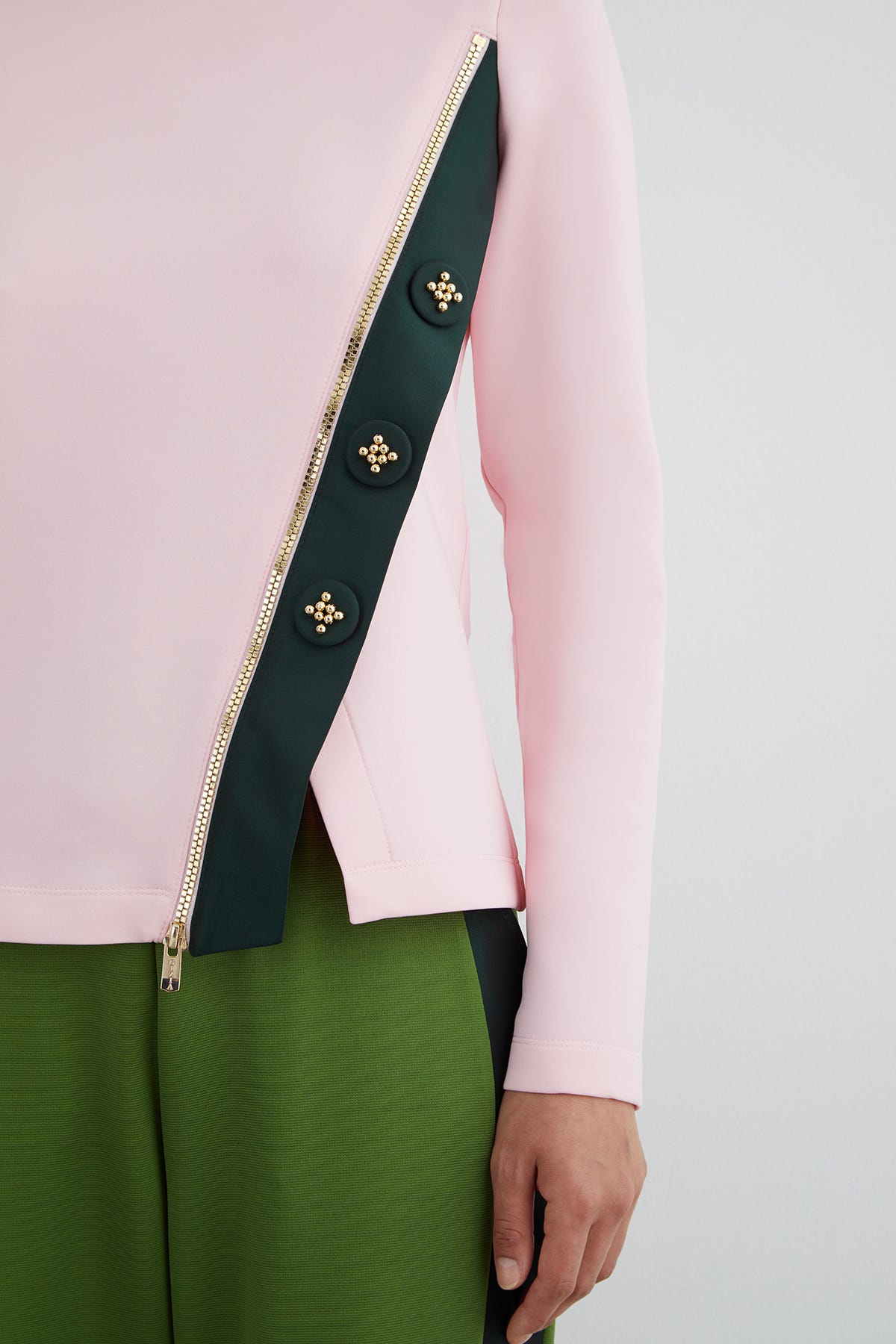 İşlemeli Düğme Detaylı Dik Yaka Scuba Uzun Kollu T-Shirt