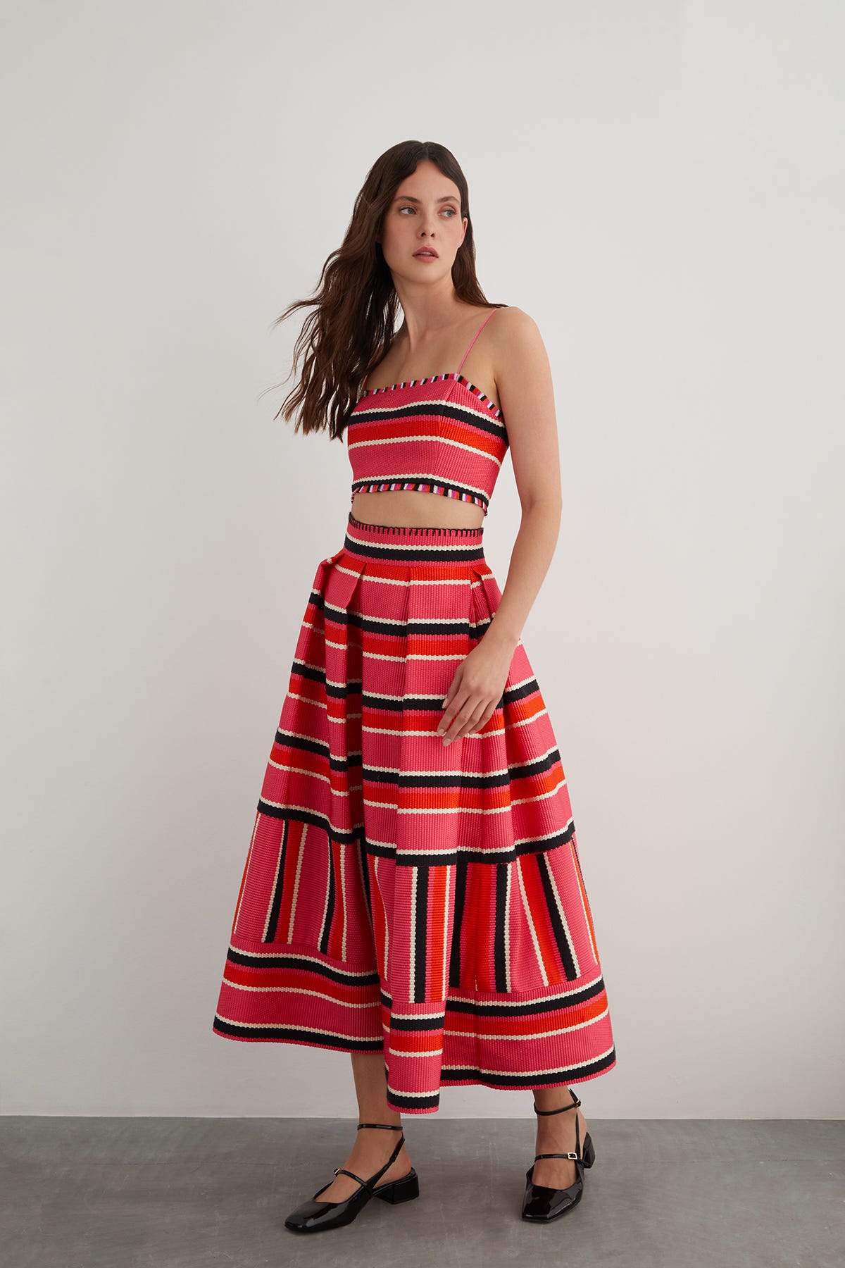 Pileli Çizgili Örme Etek