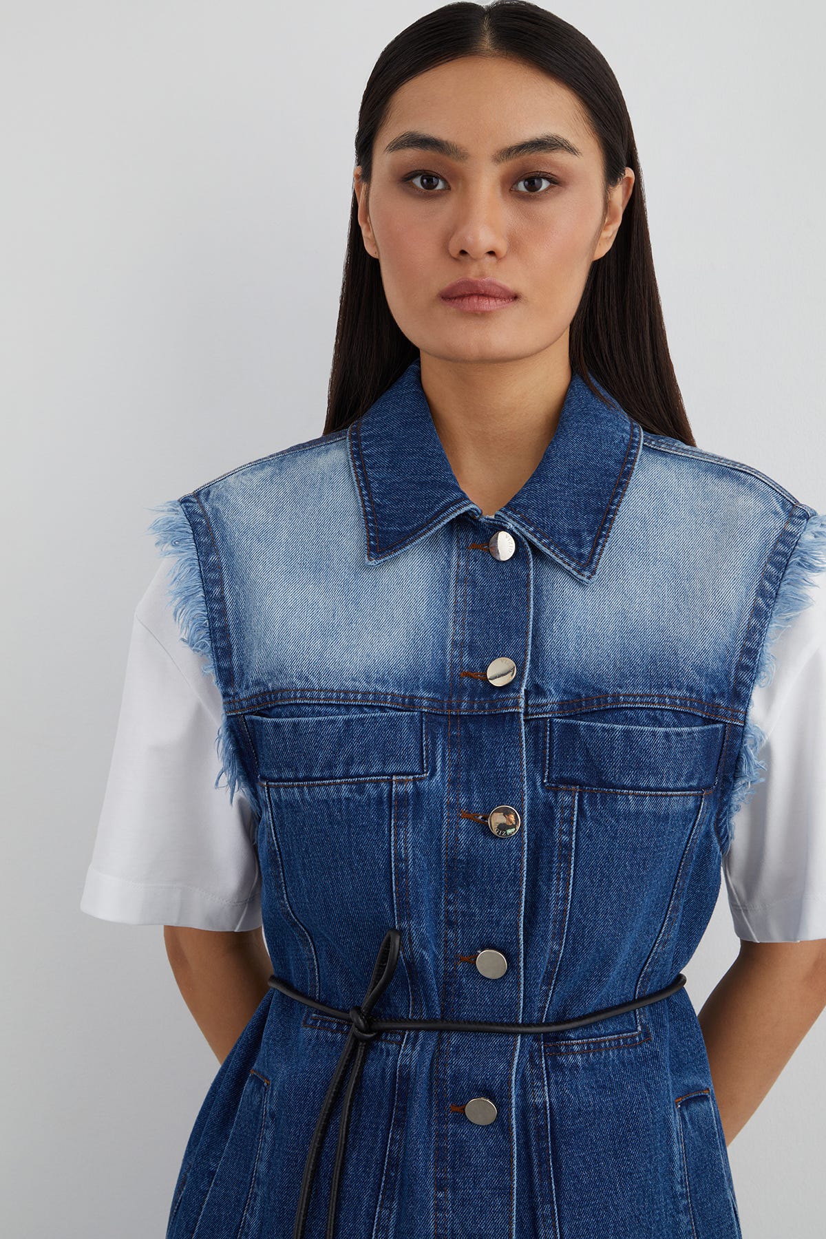 Arka Beden Etiket Detaylı Beli Kordon Bağcıklı Jean Yelek