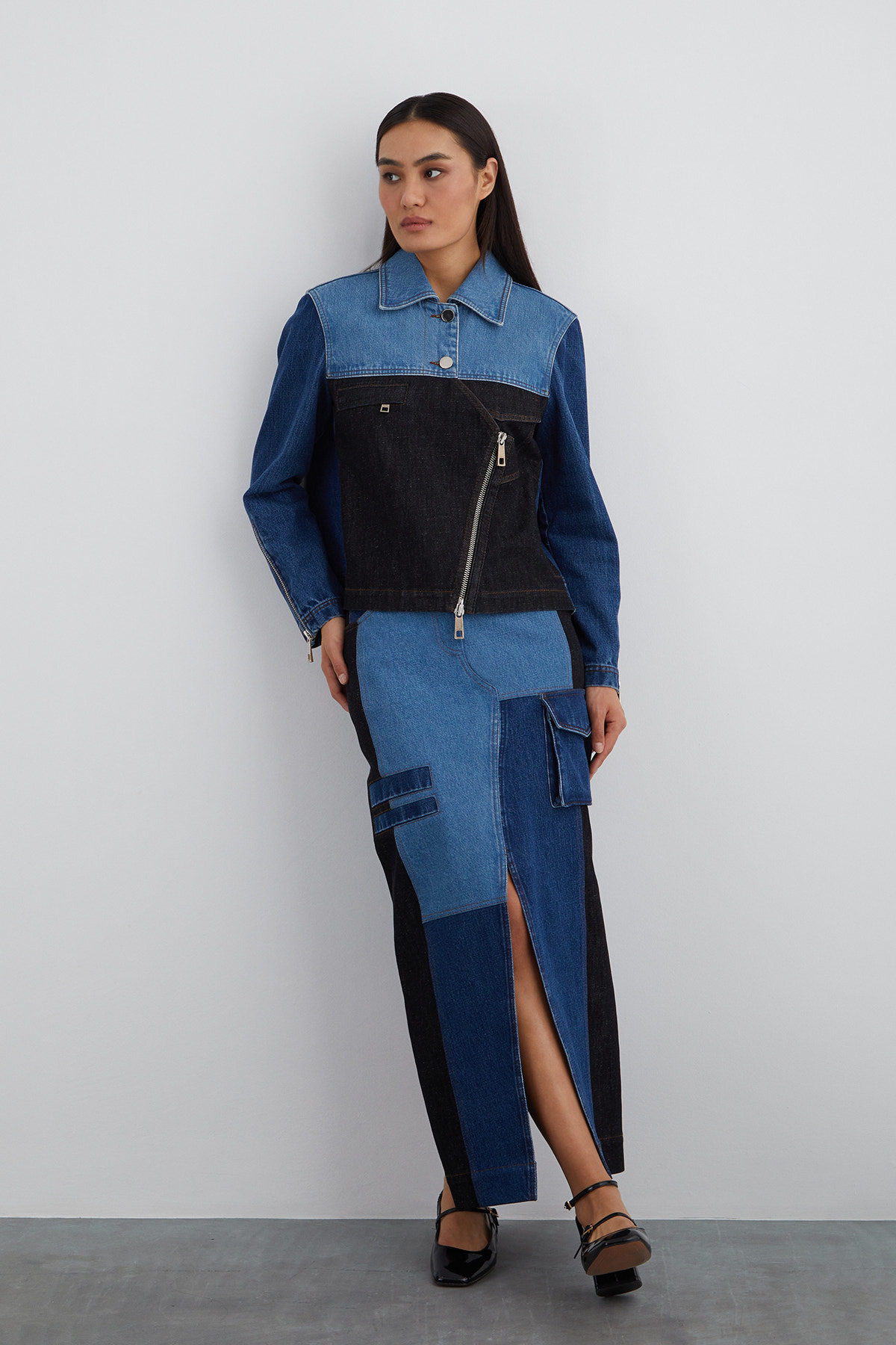 Asimetrik Çok Parçalı Jean Ceket