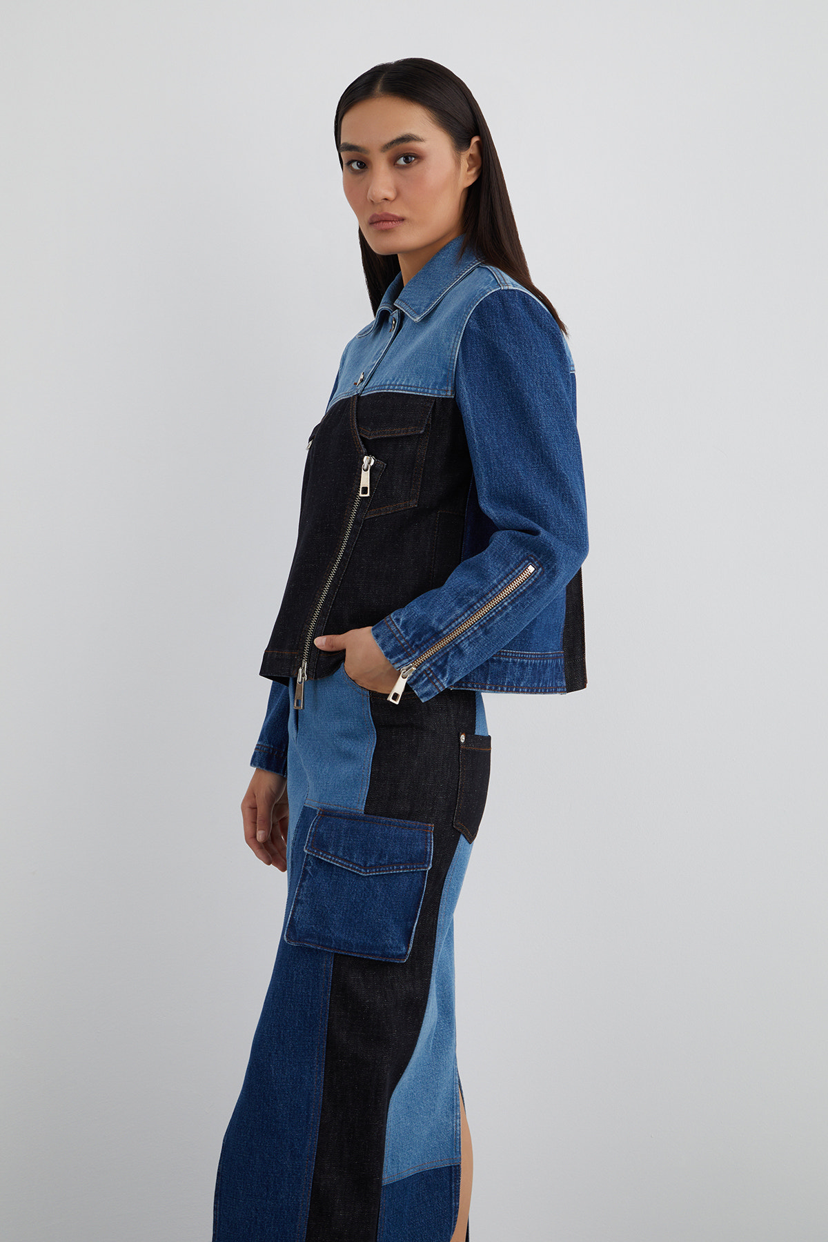 Asimetrik Çok Parçalı Jean Ceket