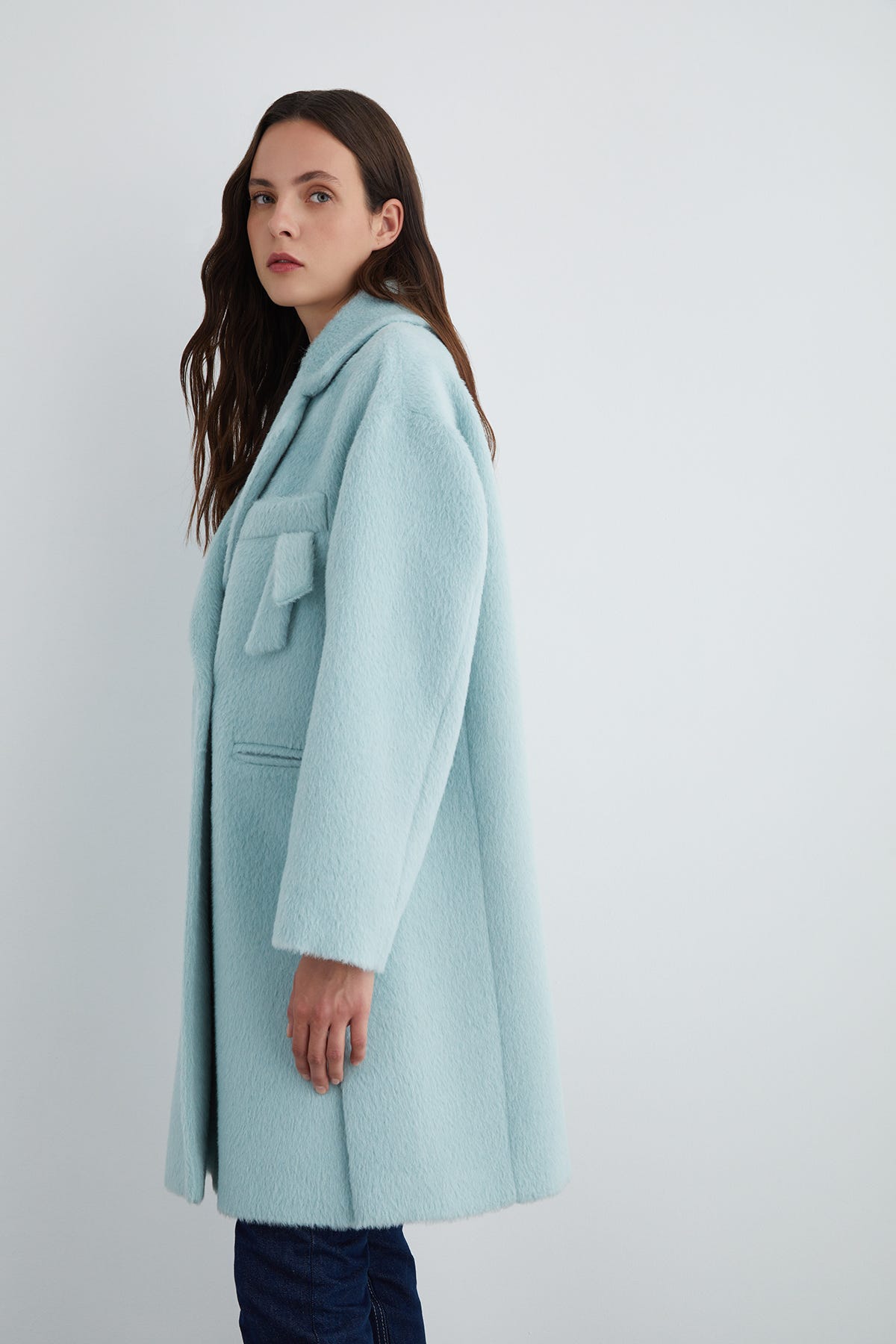 Cep Altı Model Detaylı Uzun Mint Yeşili Kaşe Kaban