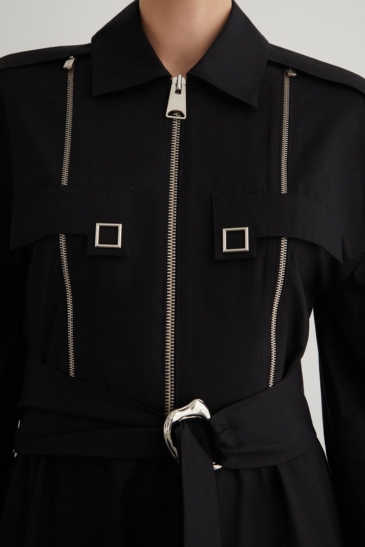 Fermuar Ve Kare Çıtçıt Detaylı Tokalı Seyyar Kuşaklı Midi Elbise