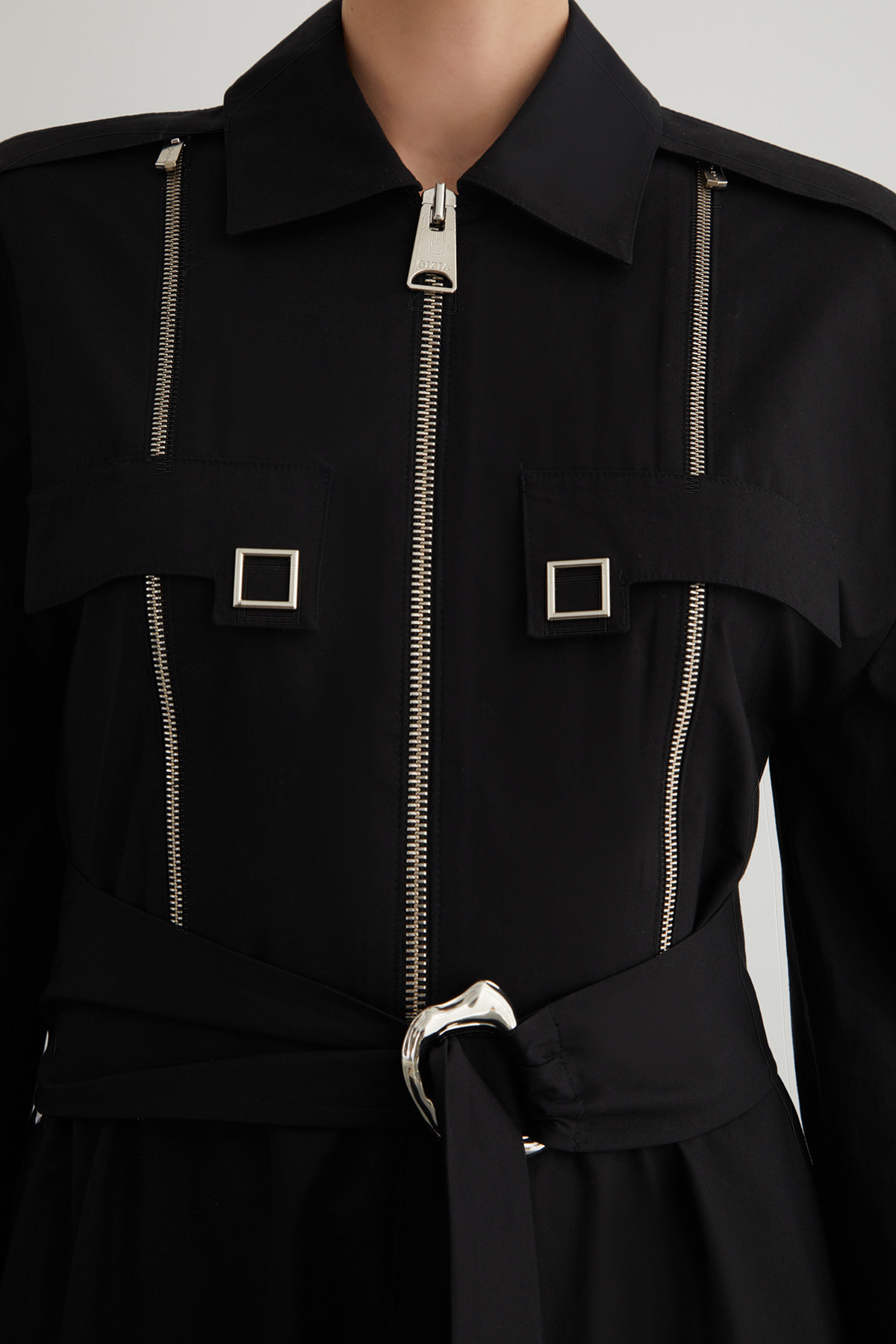 Fermuar Ve Kare Çıtçıt Detaylı Tokalı Seyyar Kuşaklı Midi Elbise