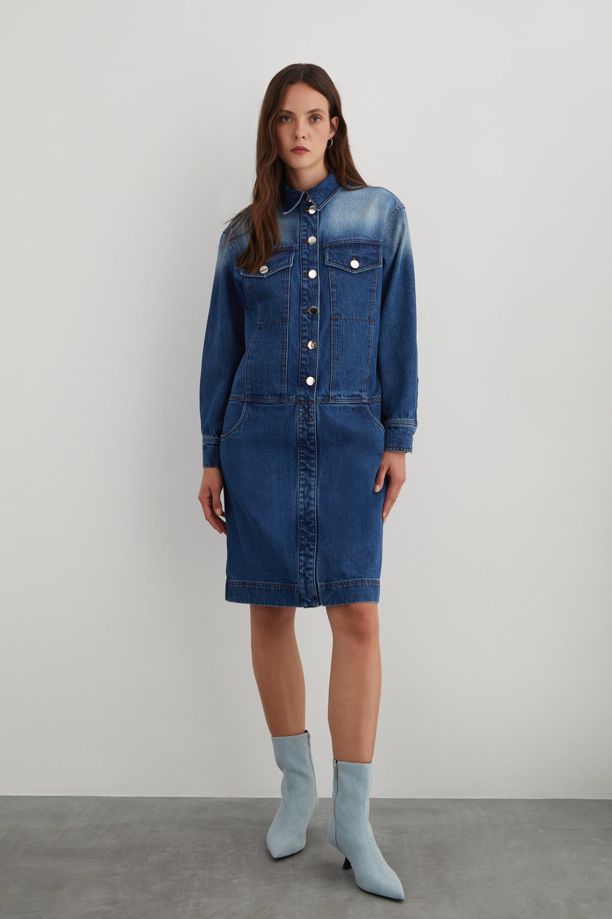 Arka Beden Etiket Detaylı Düğme Kapama Ara Boy Jean Ceket Elbise