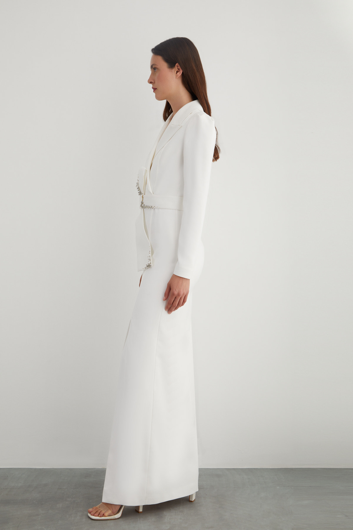 Yırtmaçlı Erkek Yaka Uzun Abiye Elbise