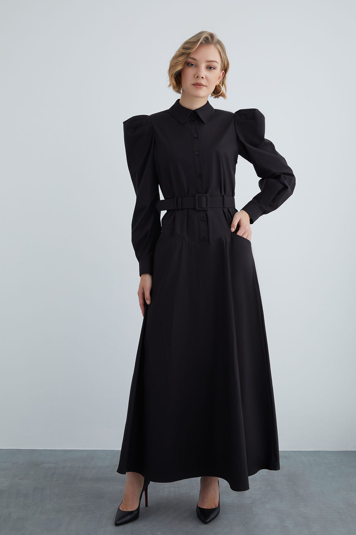 Kemer Detaylı Cepli Maxi Elbise