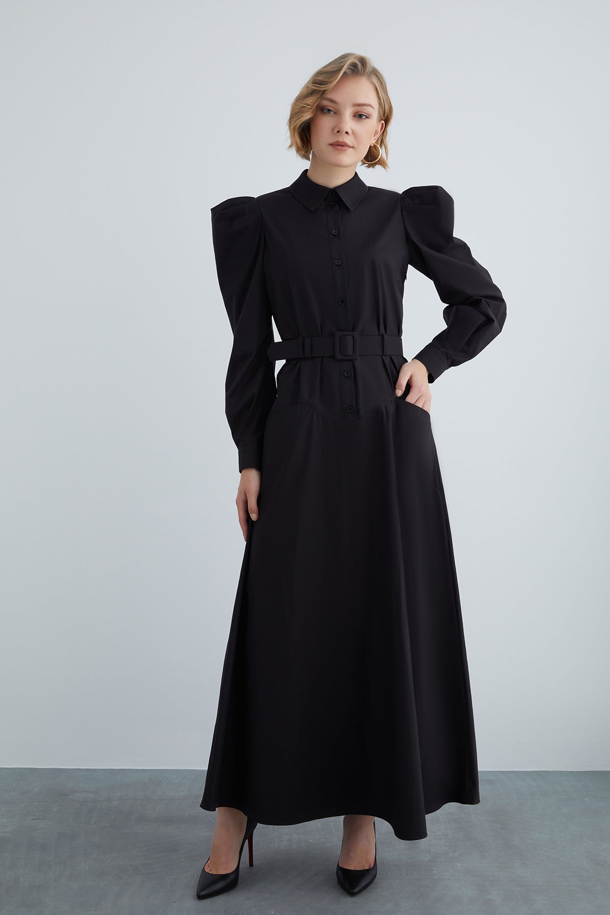 Kemer Detaylı Cepli Maxi Elbise