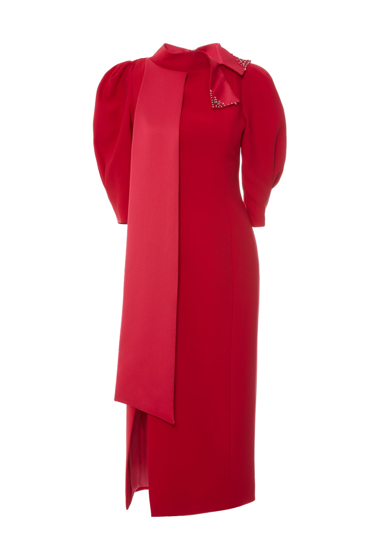 İşleme Detay Önü Yırtmaçlı Karpuz Kollu Midi Boy Elbise