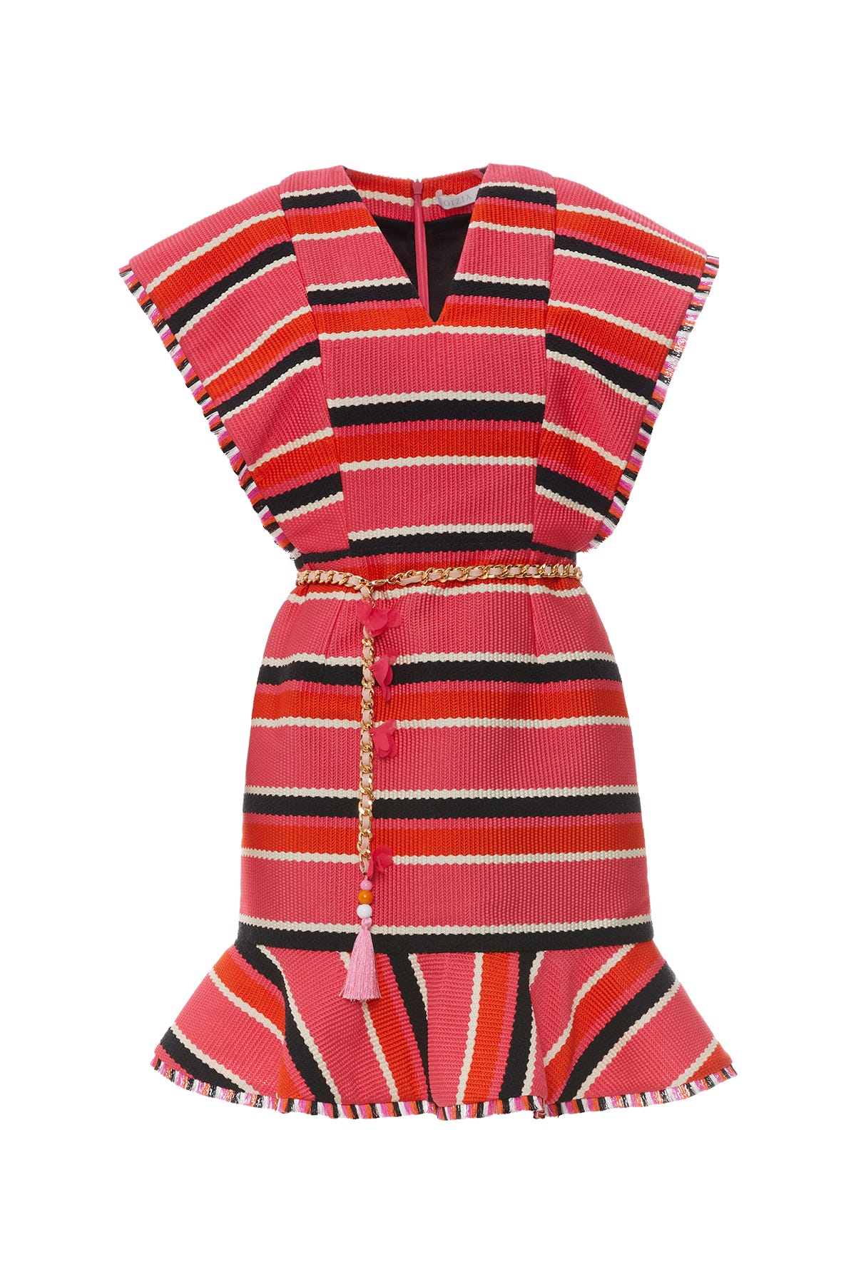 Püskül Detaylı Zincir Kemerli Mini Organze Elbise