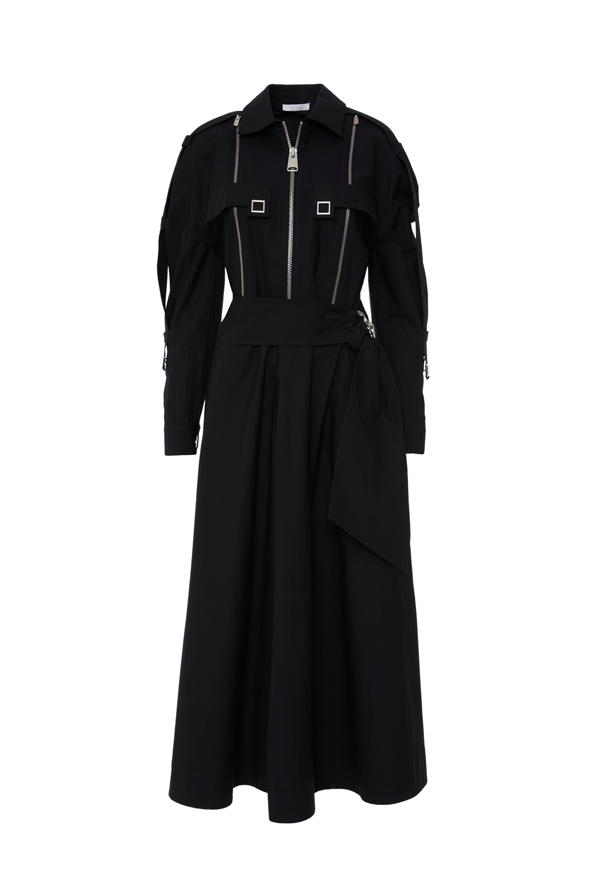 Fermuar Ve Kare Çıtçıt Detaylı Tokalı Seyyar Kuşaklı Midi Elbise