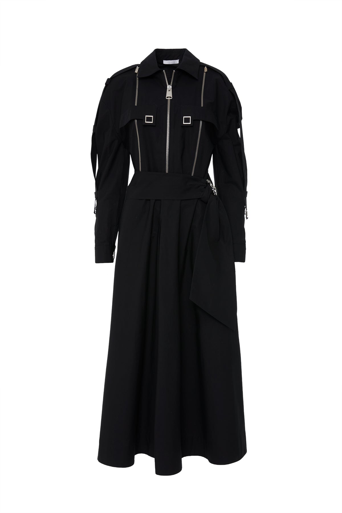 Fermuar Ve Kare Çıtçıt Detaylı Tokalı Seyyar Kuşaklı Midi Elbise