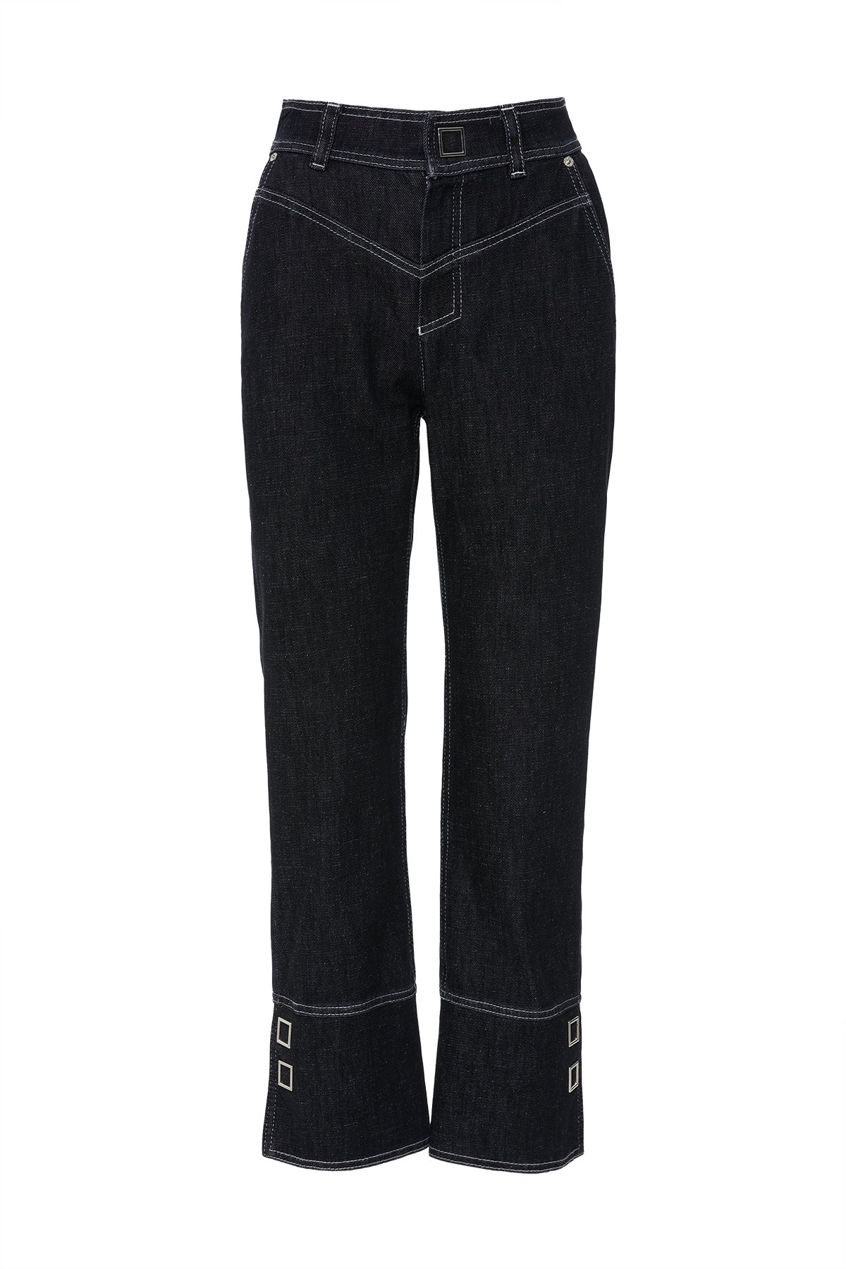 Yan Paçalar Kare Çıtçıt Detaylı Arka Cep Nakışlı Jean Pantolon