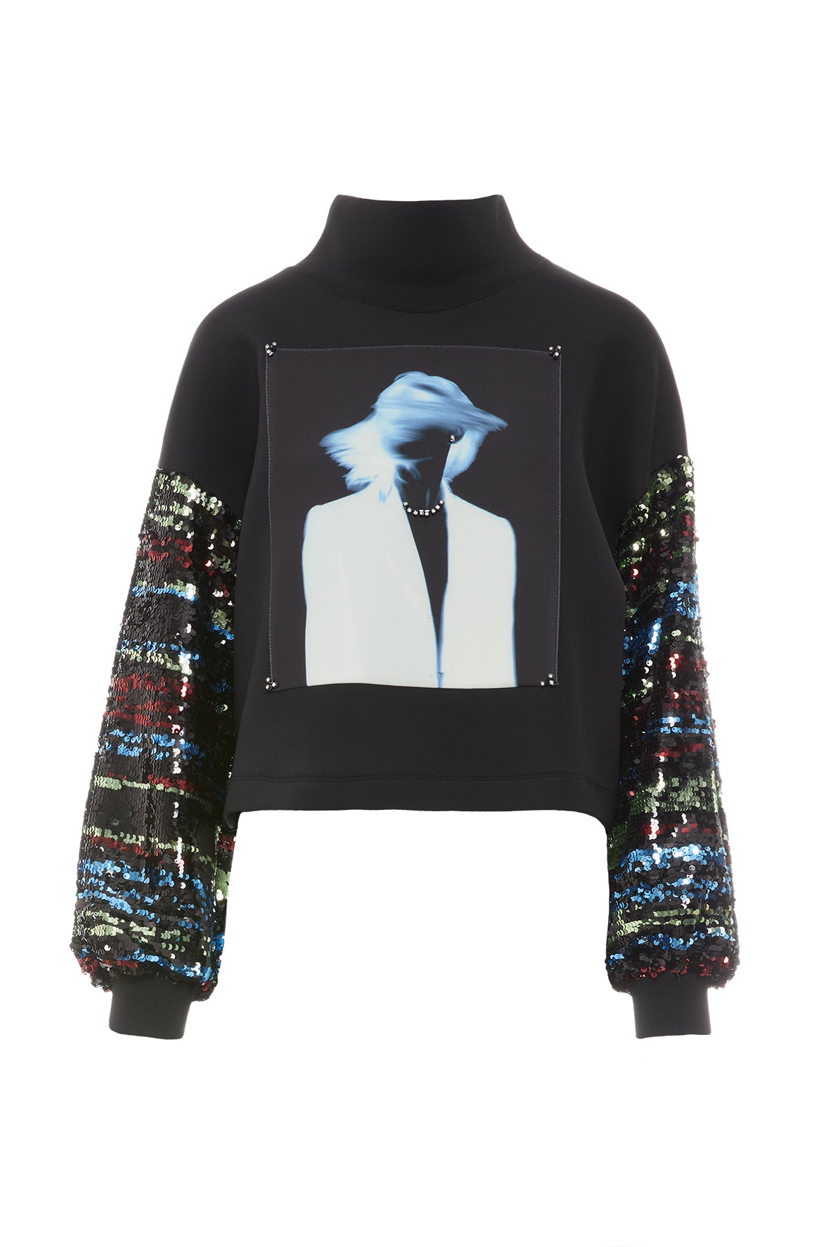 Ön Beden Özel Pano Desenli Pul Payet Kol Detaylı Dik Yaka Sweatshirt