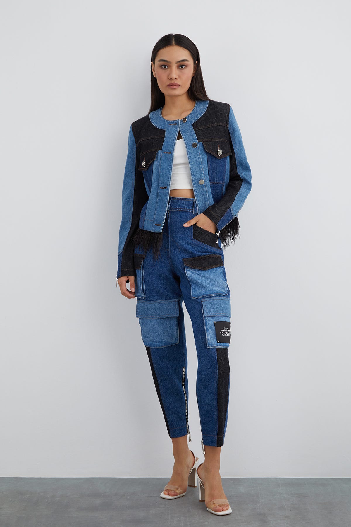 İki Renkli Püsküllü Jean Ceket