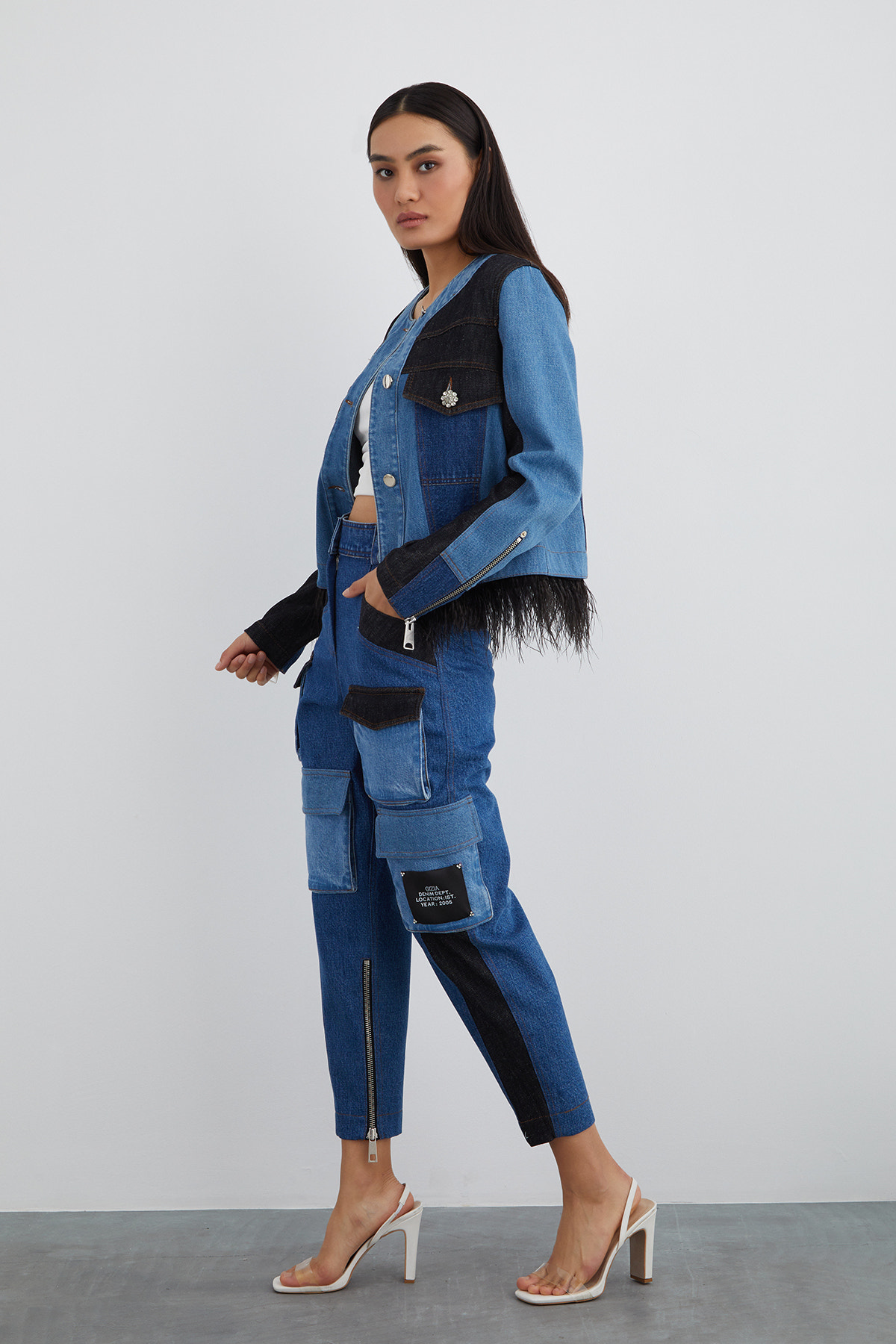 İki Renkli Püsküllü Jean Ceket