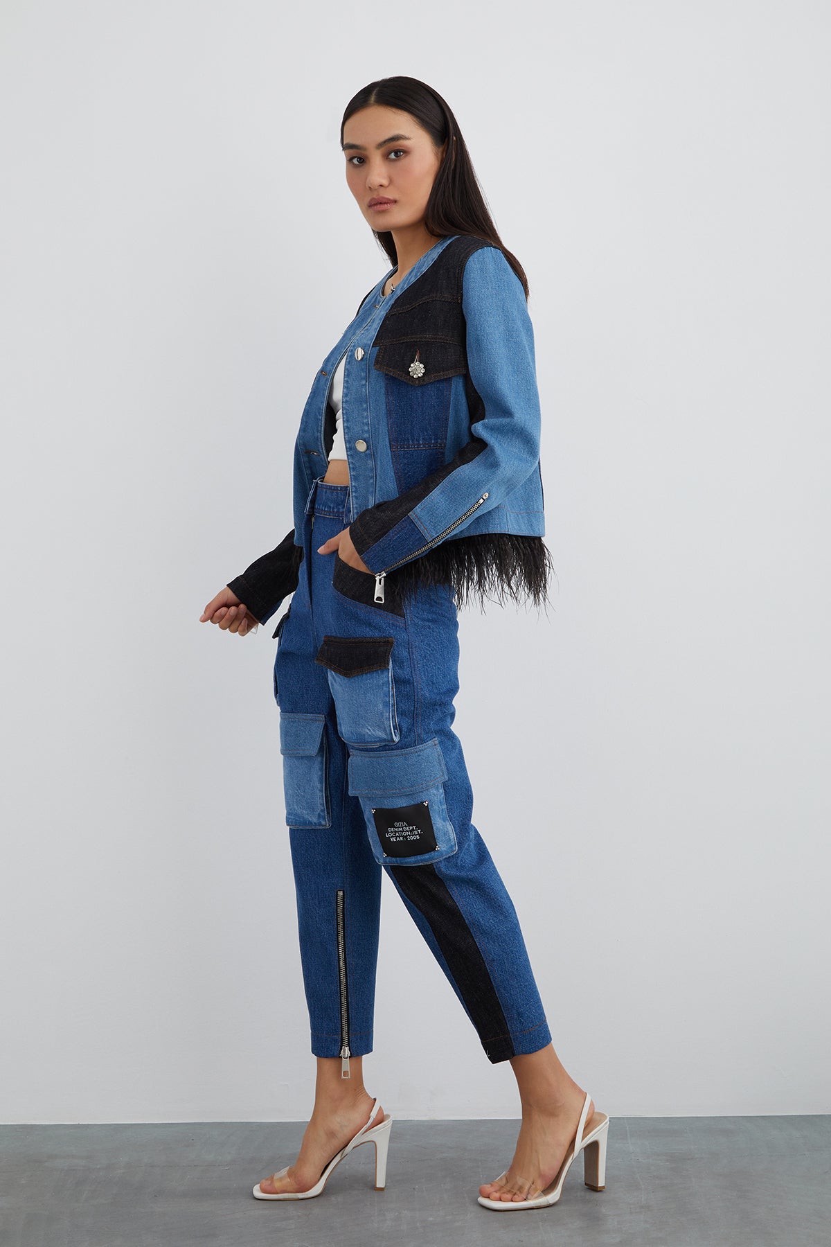 İki Renkli Püsküllü Jean Ceket