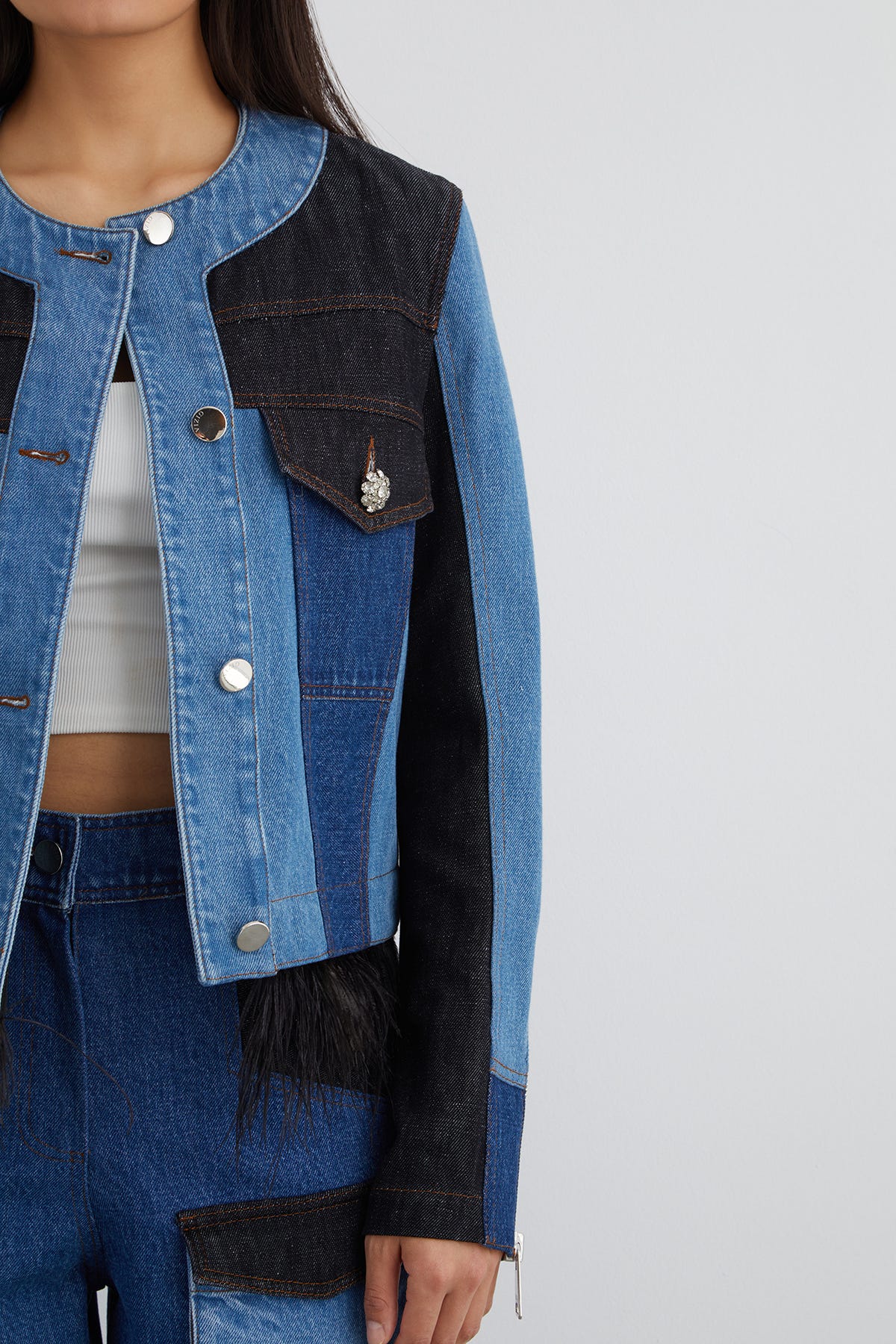 İki Renkli Püsküllü Jean Ceket