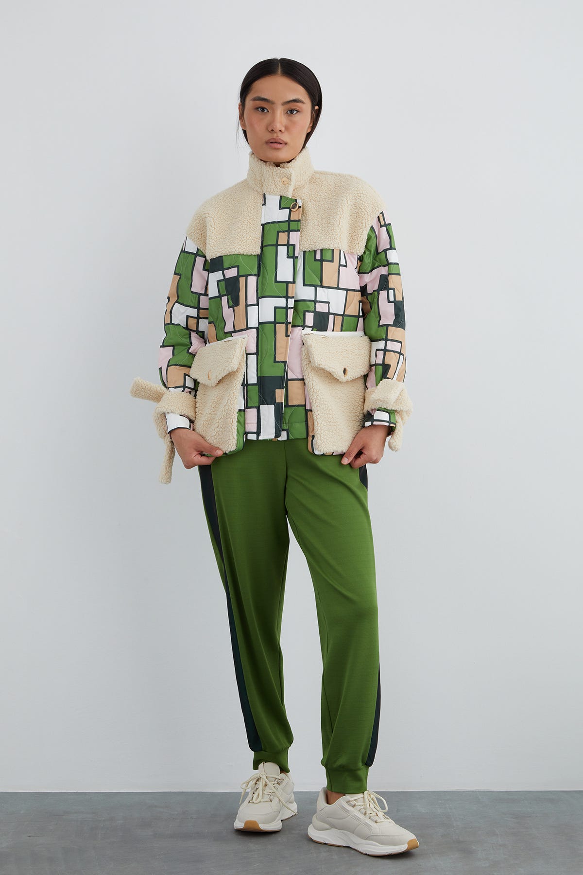 Renk Bloklu Renli Tüylü Ceket