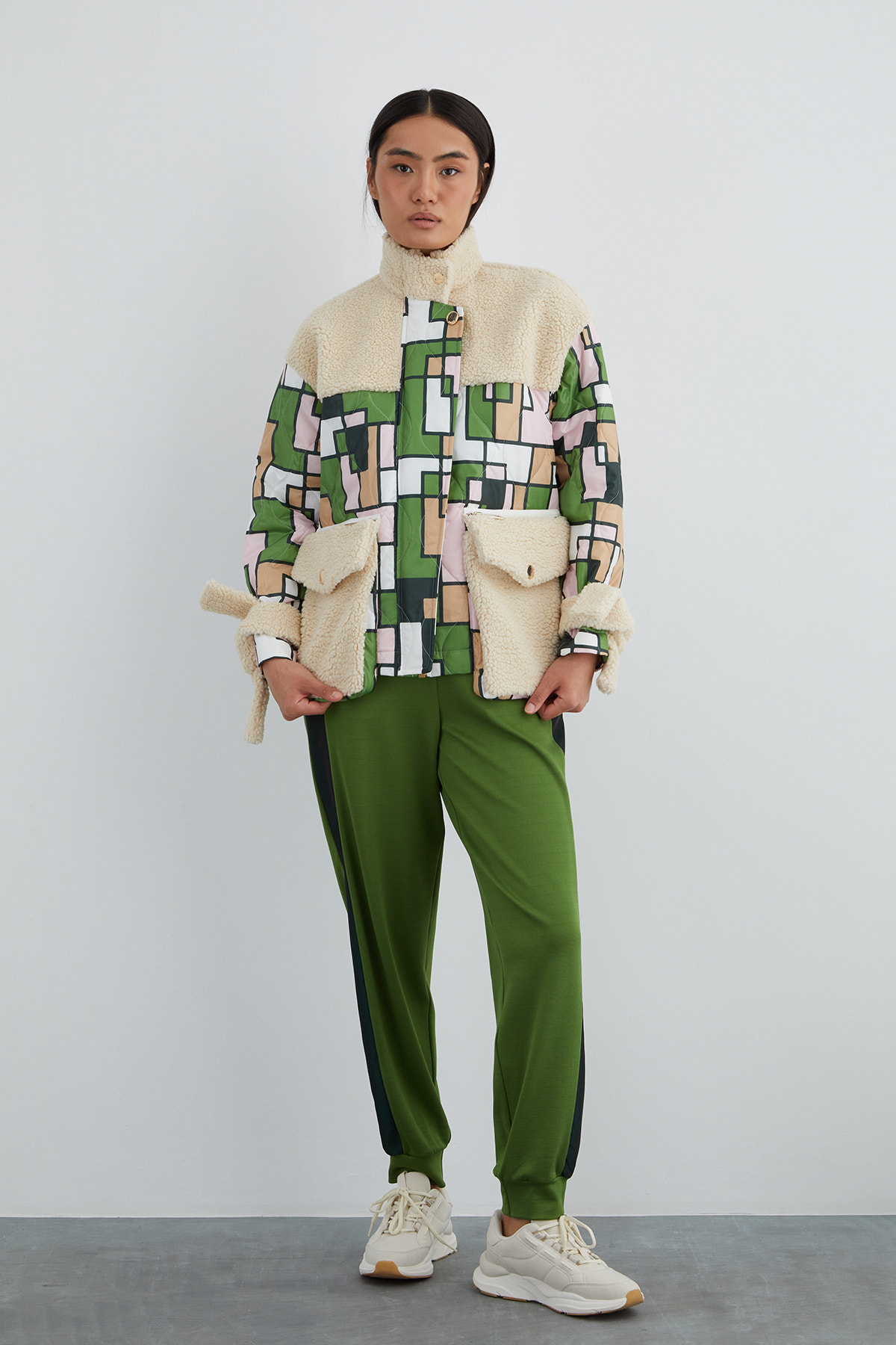 Renk Bloklu Renli Tüylü Ceket