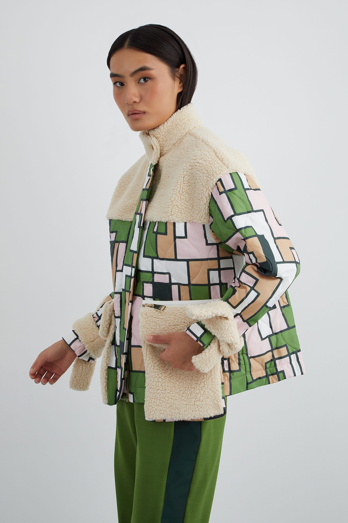 Renk Bloklu Renli Tüylü Ceket