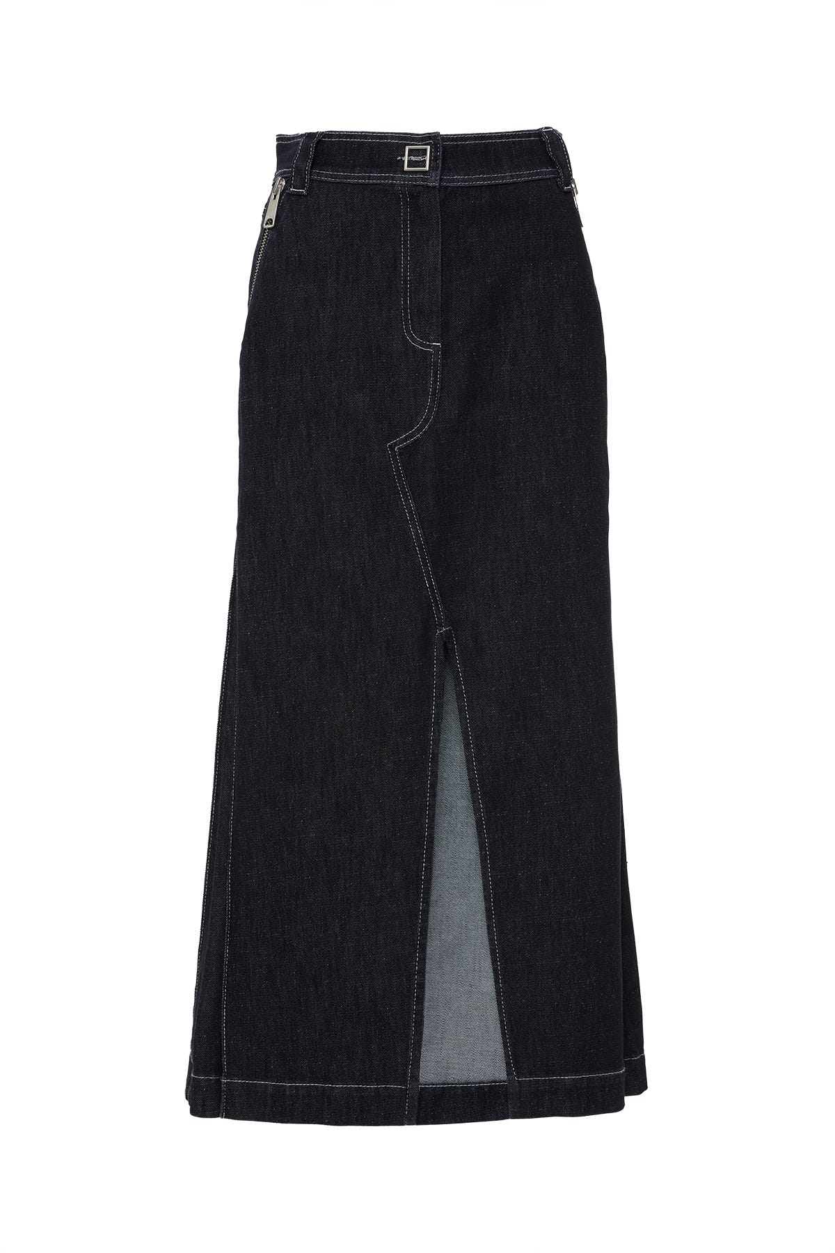 Fermuarlı Cep Detaylı Önü Yırtmaçlı Midi Boy Jean Etek